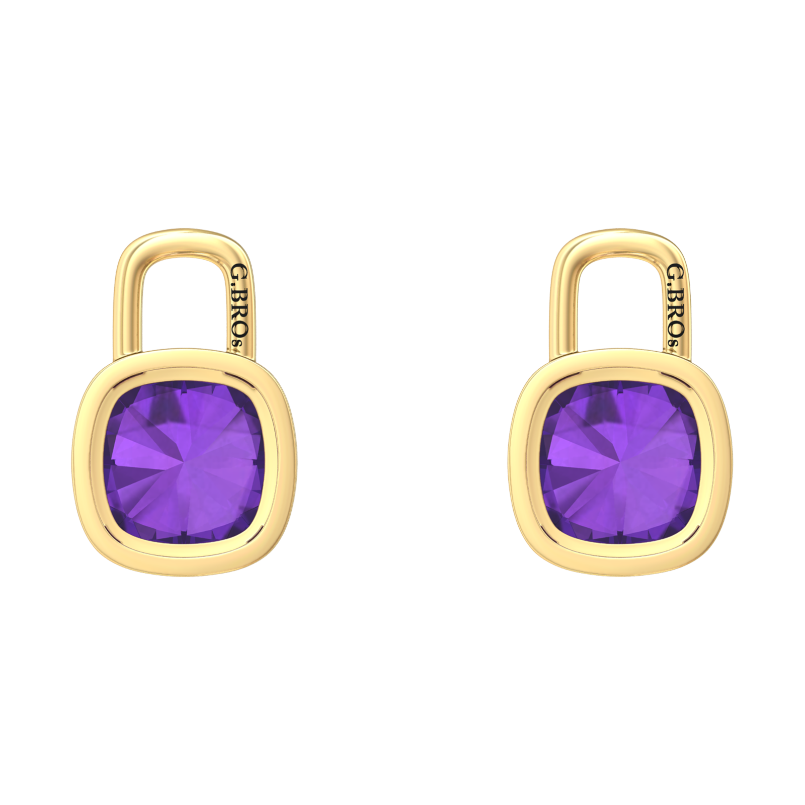 Nova earring attachments in a plain bezel setting with cushion shaped Amethyst Gardiner Brothers