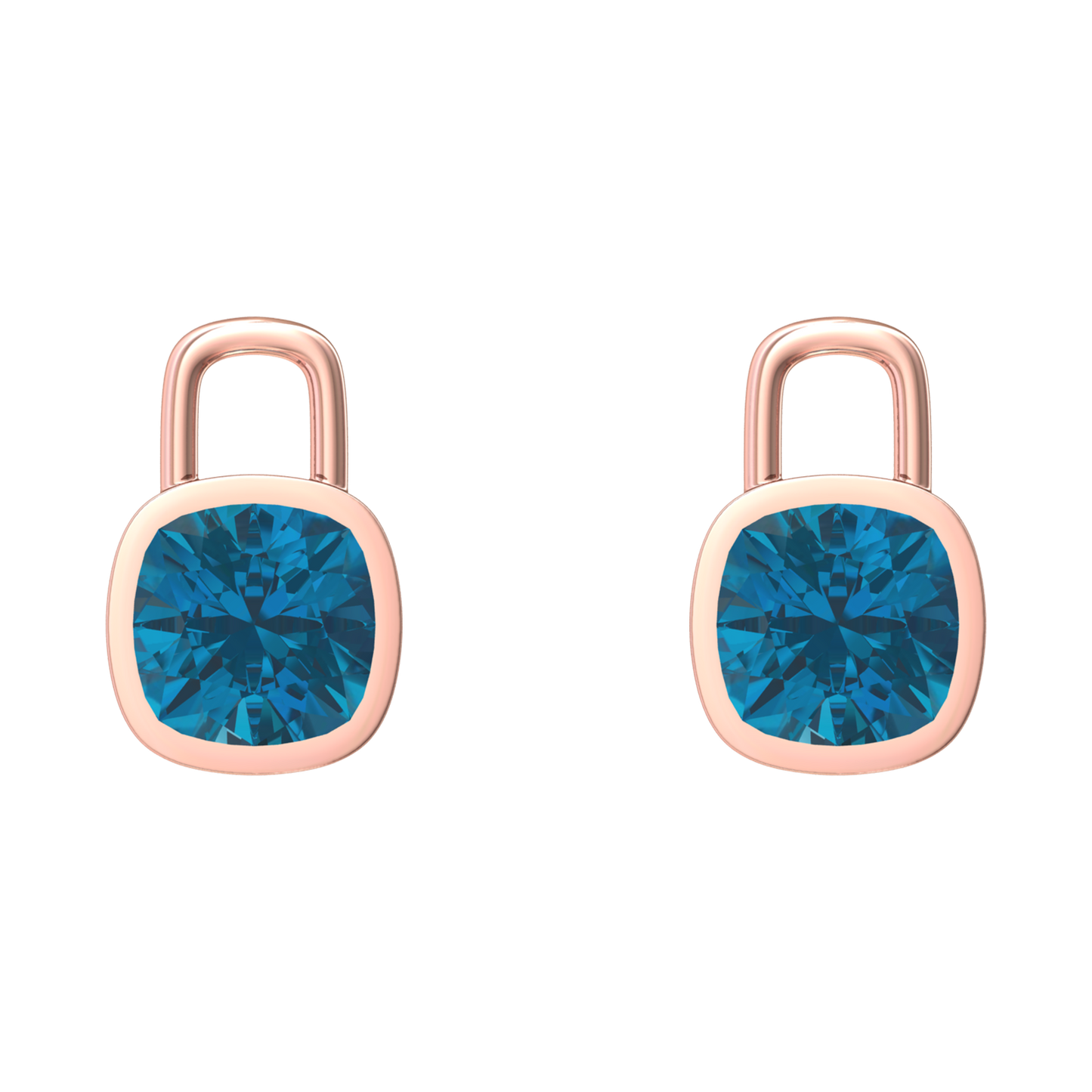 Nova earring attachments in a plain bezel setting with cushion shaped London Blue Topaz Gardiner Brothers