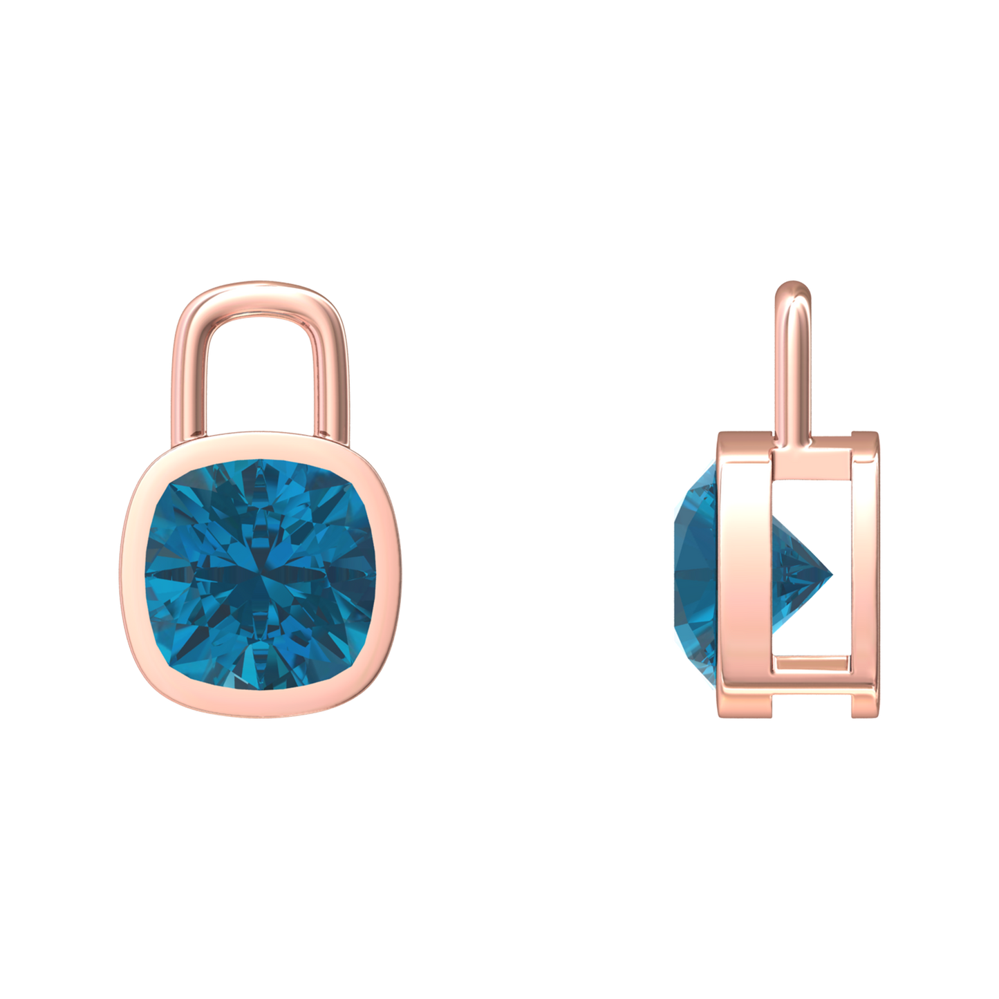 Nova earring attachments in a plain bezel setting with cushion shaped London Blue Topaz Gardiner Brothers
