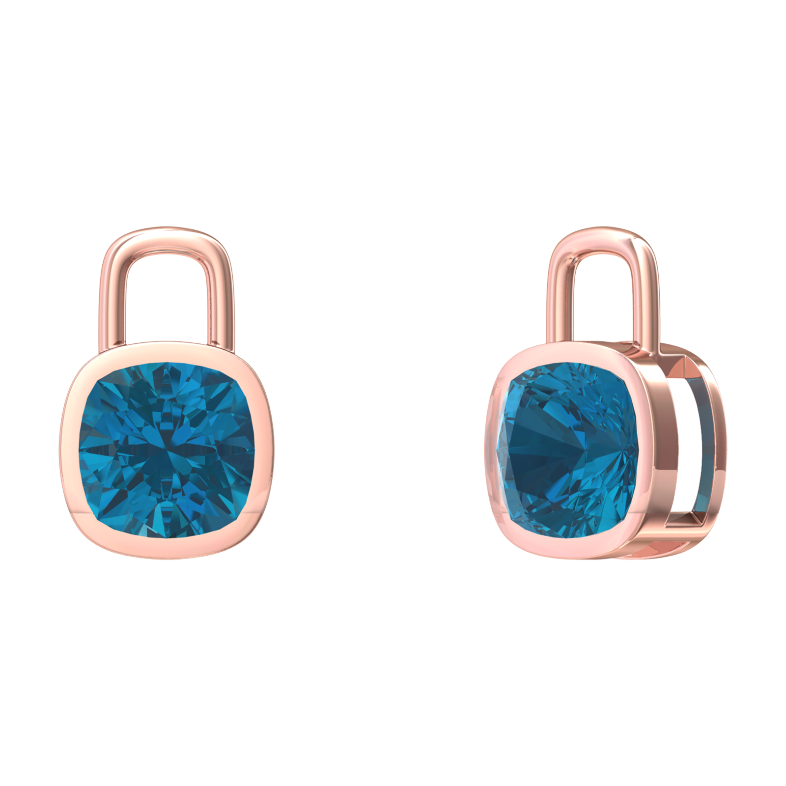 Nova earring attachments in a plain bezel setting with cushion shaped London Blue Topaz Gardiner Brothers Rose Gold