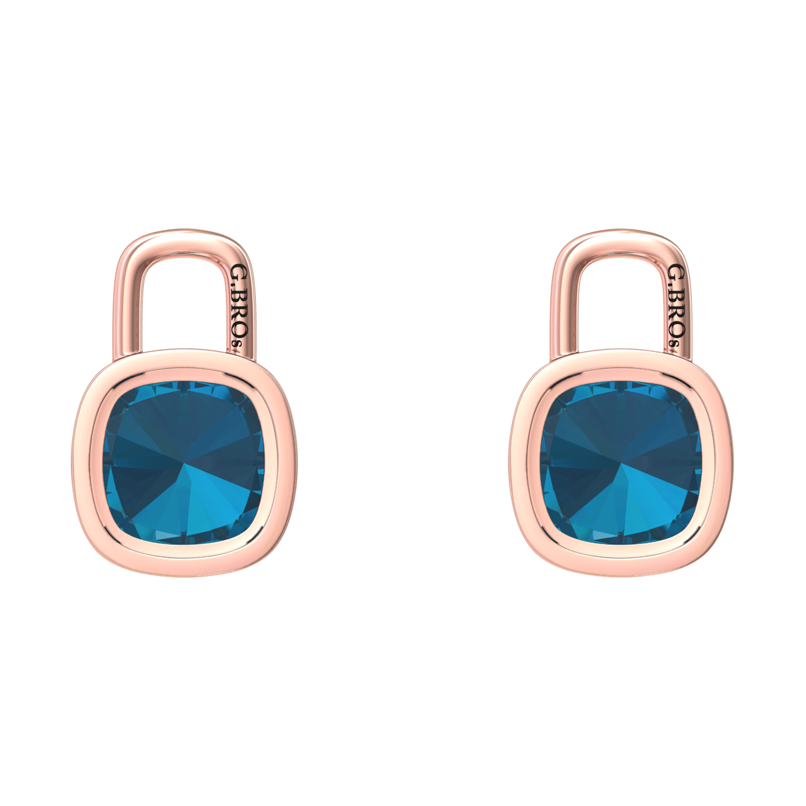 Nova earring attachments in a plain bezel setting with cushion shaped London Blue Topaz Gardiner Brothers