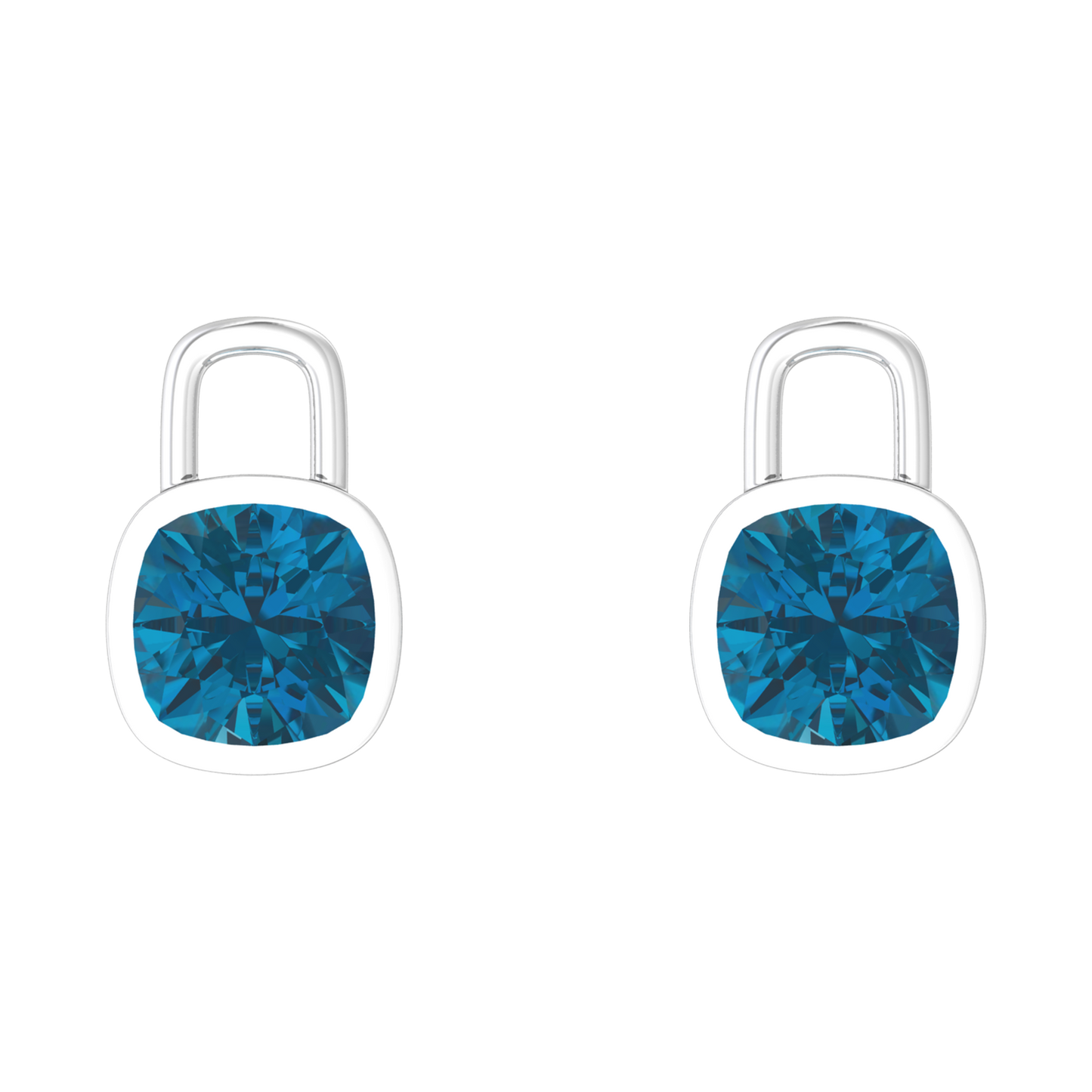 Nova earring attachments in a plain bezel setting with cushion shaped London Blue Topaz Gardiner Brothers
