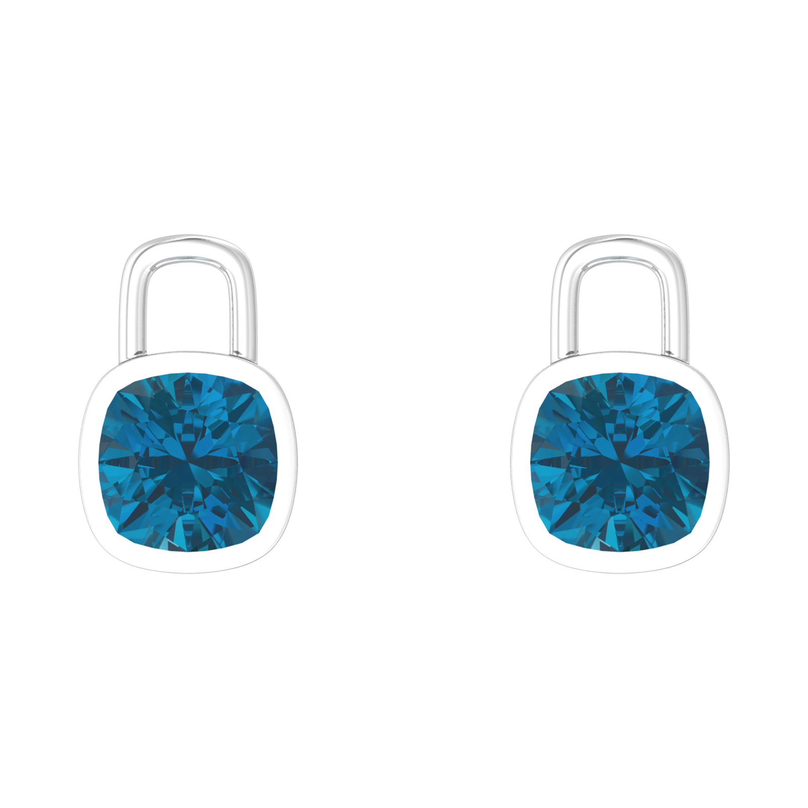 Nova earring attachments in a plain bezel setting with cushion shaped London Blue Topaz Gardiner Brothers