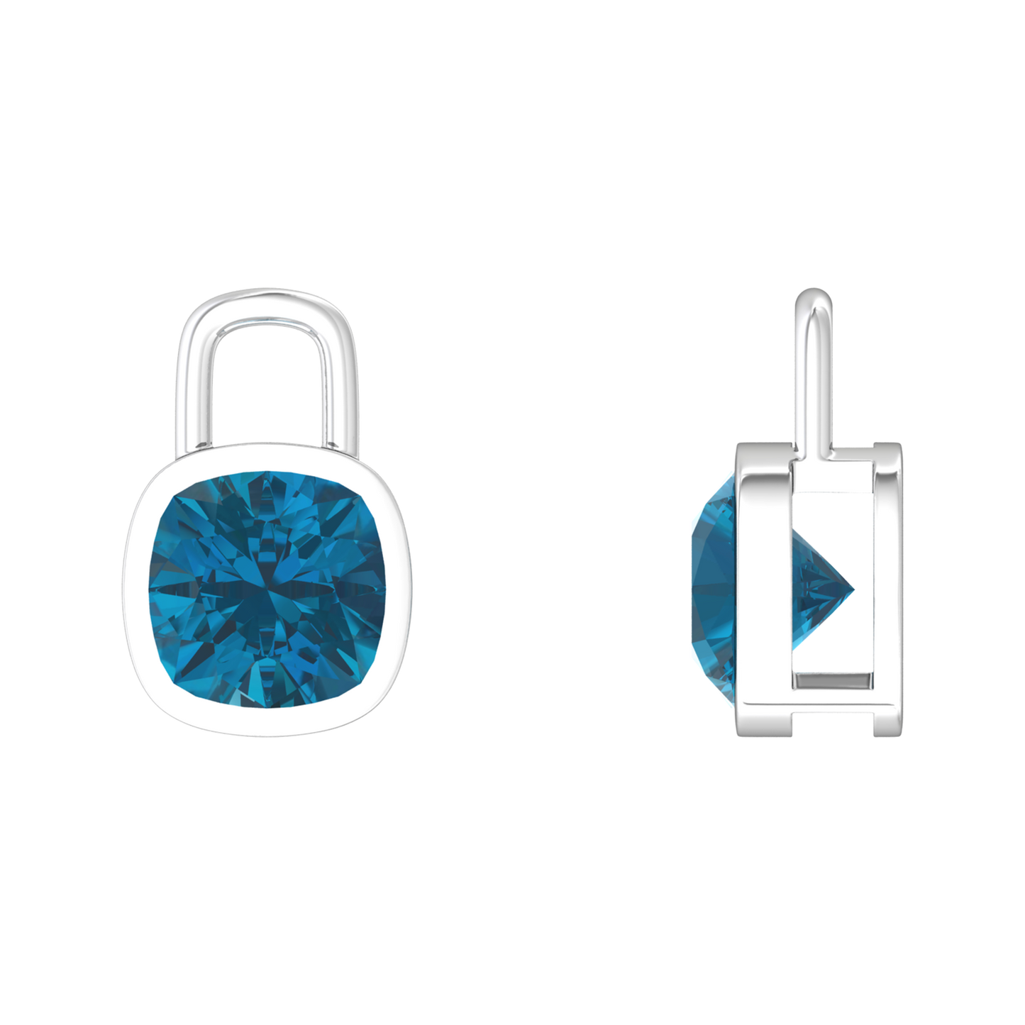 Nova earring attachments in a plain bezel setting with cushion shaped London Blue Topaz Gardiner Brothers