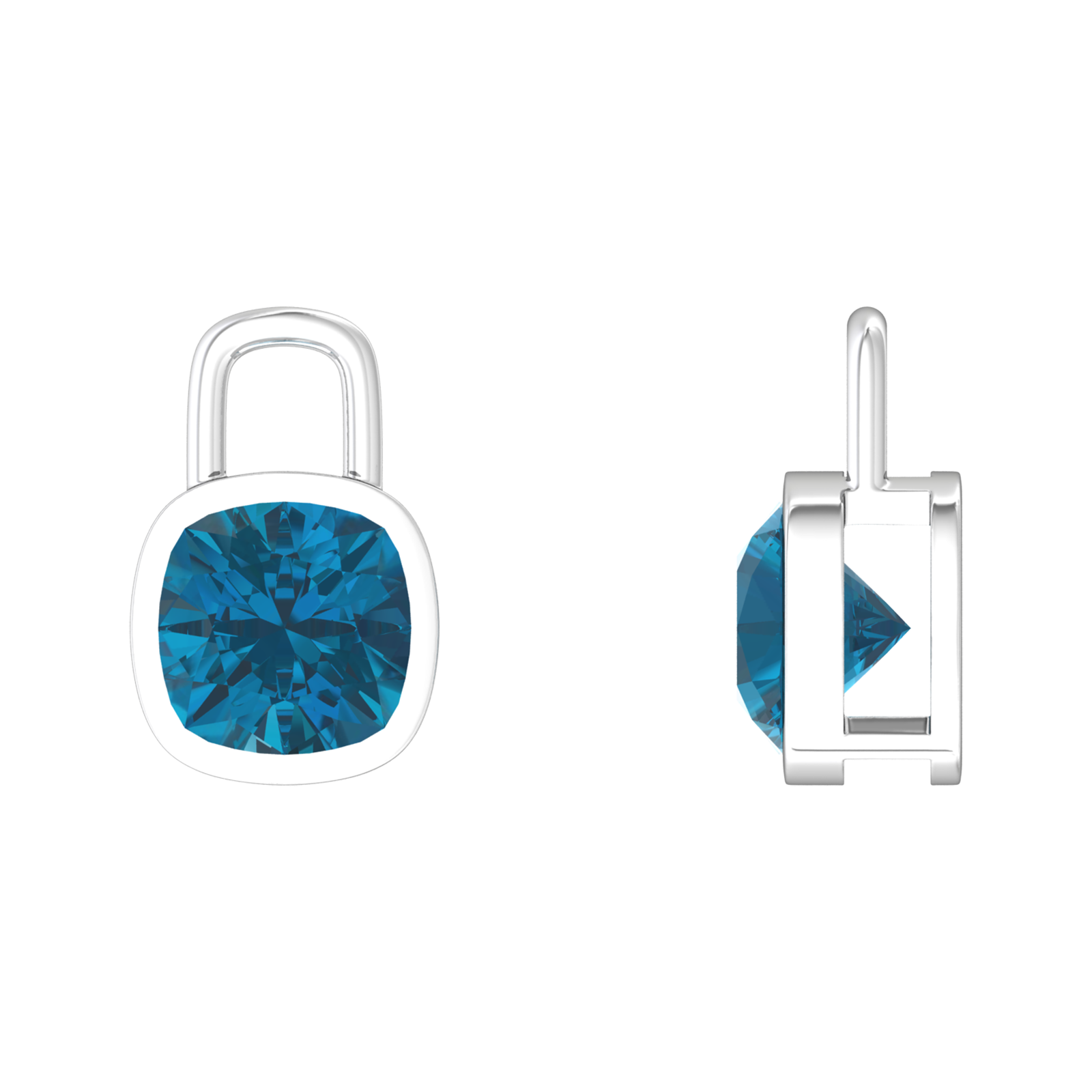 Nova earring attachments in a plain bezel setting with cushion shaped London Blue Topaz Gardiner Brothers