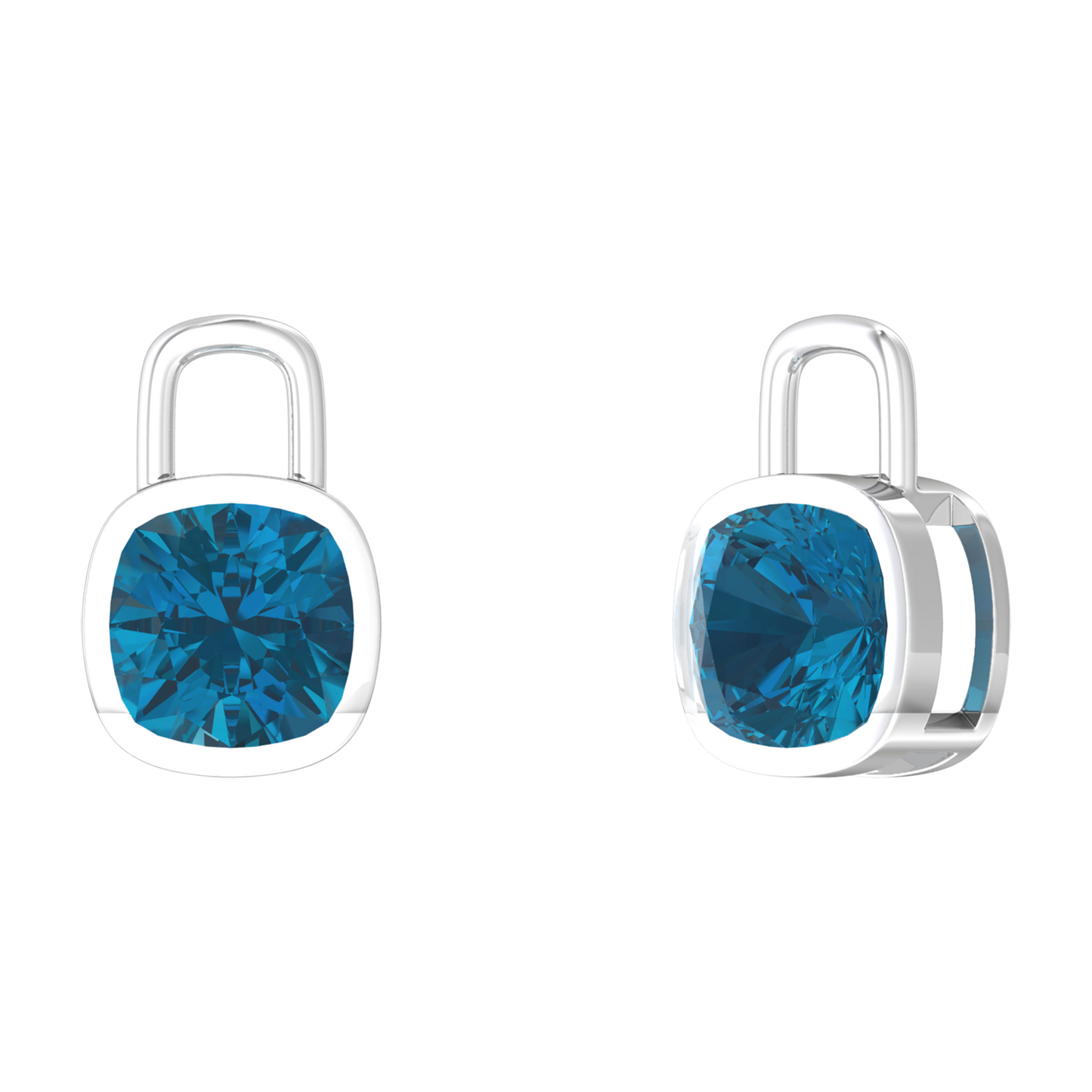 Nova earring attachments in a plain bezel setting with cushion shaped London Blue Topaz Gardiner Brothers White Gold