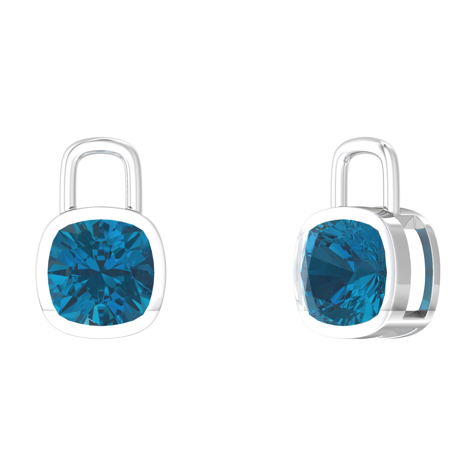 Nova earring attachments in a plain bezel setting with cushion shaped London Blue Topaz Gardiner Brothers White Gold