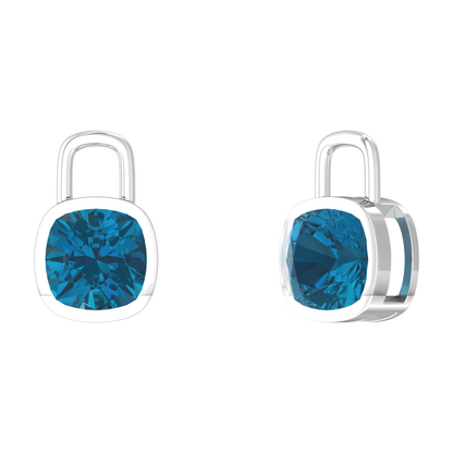 Nova earring attachments in a plain bezel setting with cushion shaped London Blue Topaz Gardiner Brothers White Gold