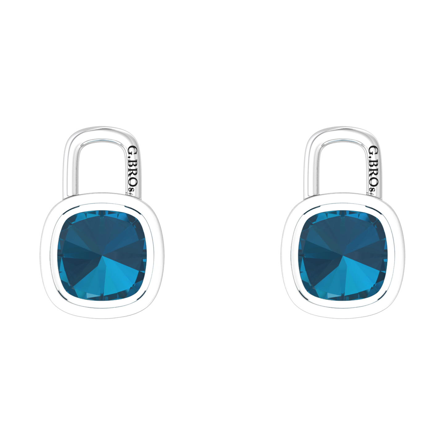 Nova earring attachments in a plain bezel setting with cushion shaped London Blue Topaz Gardiner Brothers