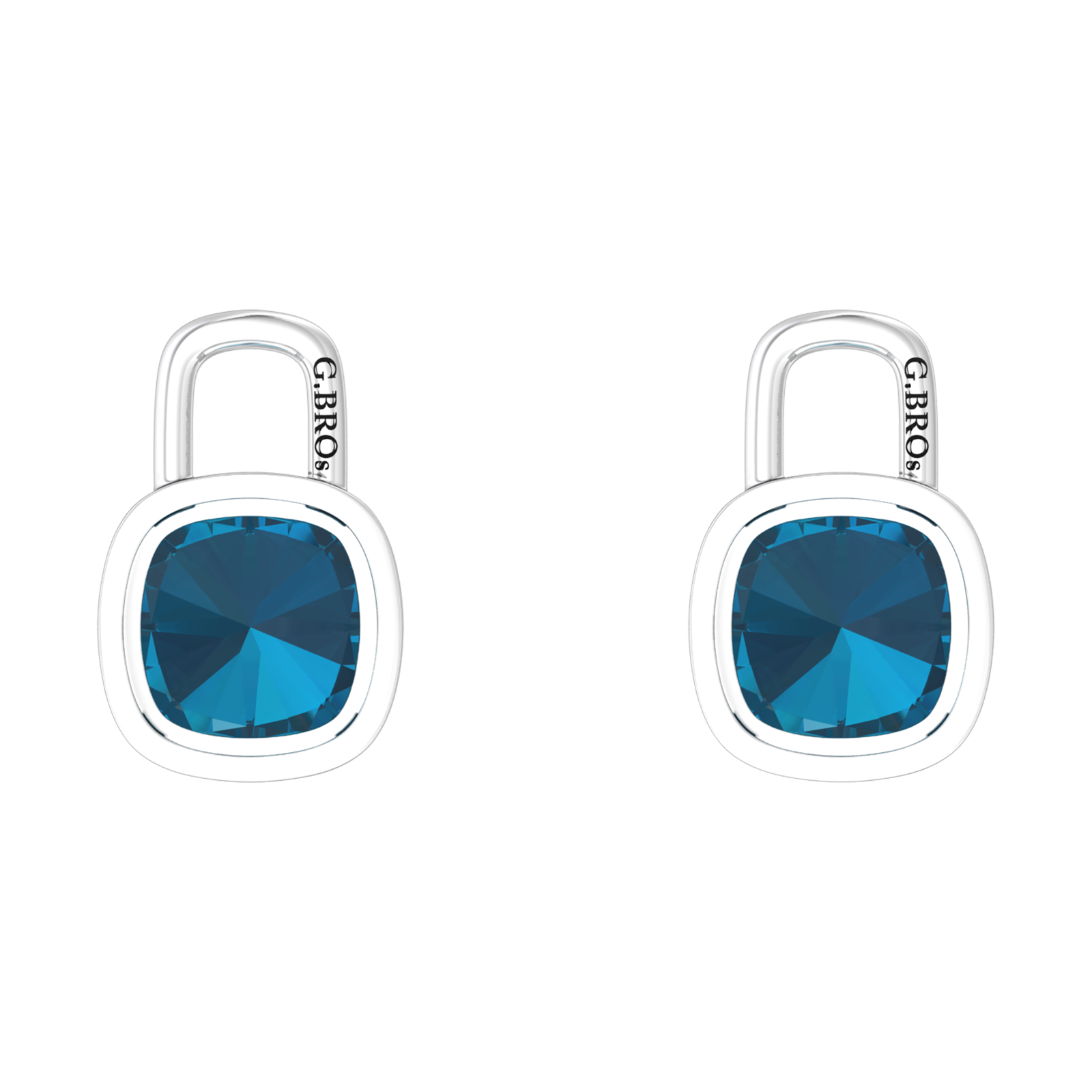 Nova earring attachments in a plain bezel setting with cushion shaped London Blue Topaz Gardiner Brothers