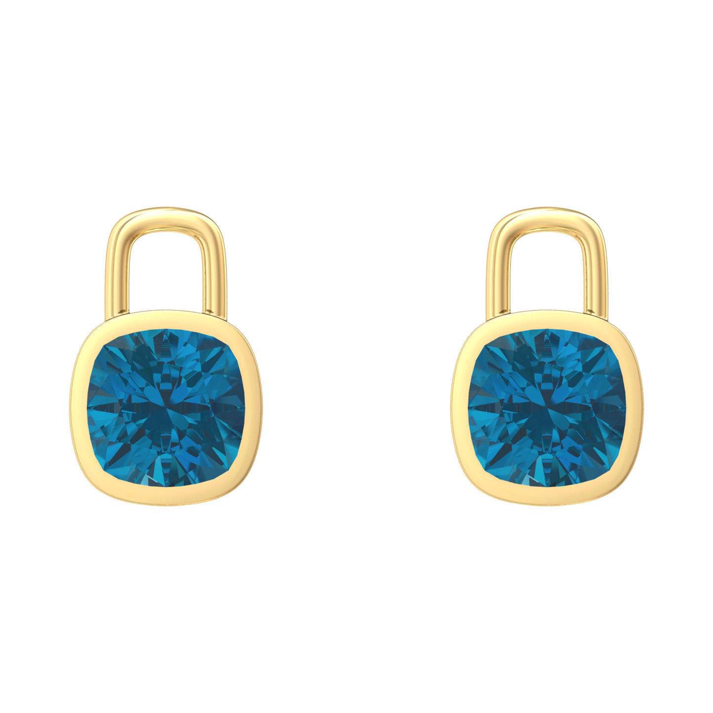 Nova earring attachments in a plain bezel setting with cushion shaped London Blue Topaz Gardiner Brothers