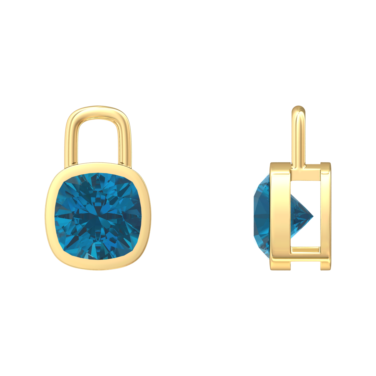 Nova earring attachments in a plain bezel setting with cushion shaped London Blue Topaz Gardiner Brothers