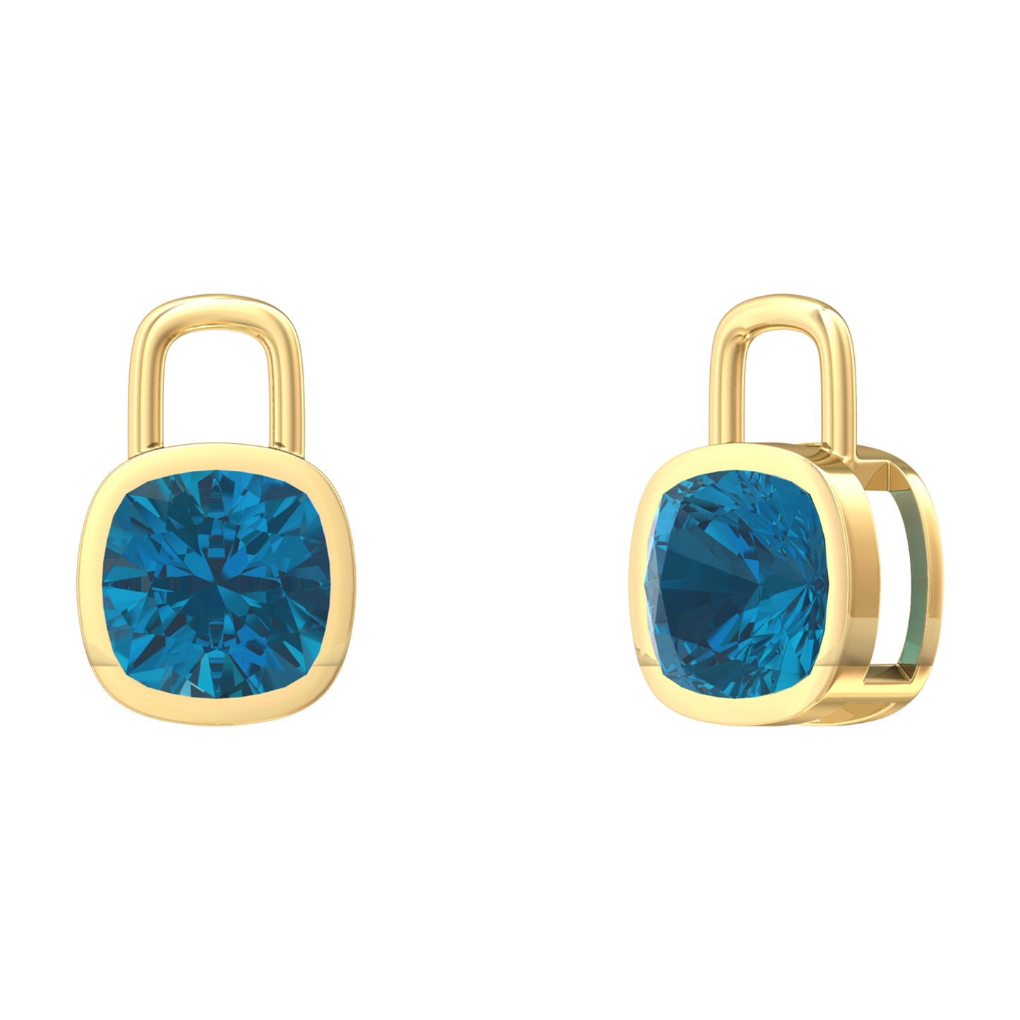 Nova earring attachments in a plain bezel setting with cushion shaped London Blue Topaz Gardiner Brothers Yellow Gold