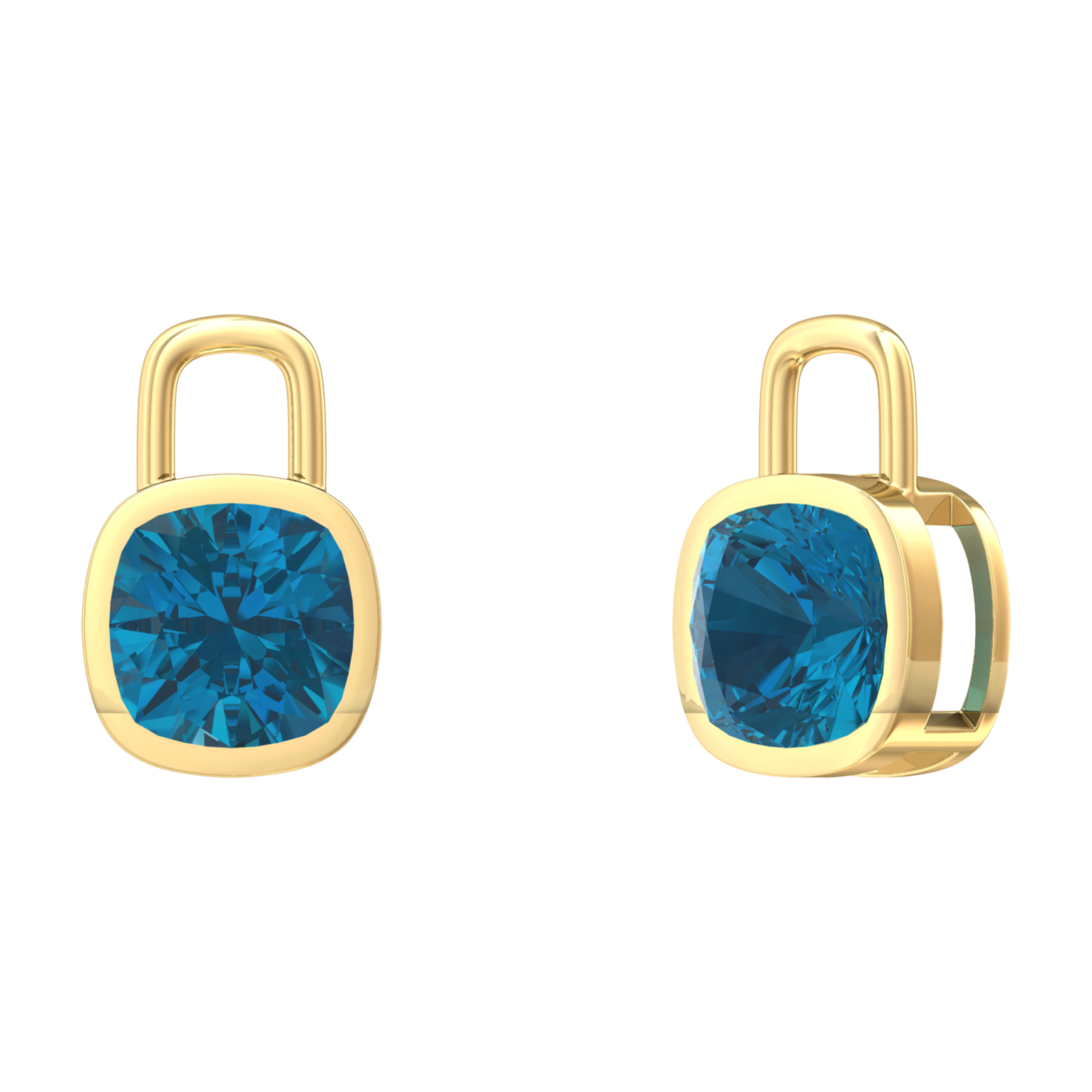 Nova earring attachments in a plain bezel setting with cushion shaped London Blue Topaz Gardiner Brothers Yellow Gold