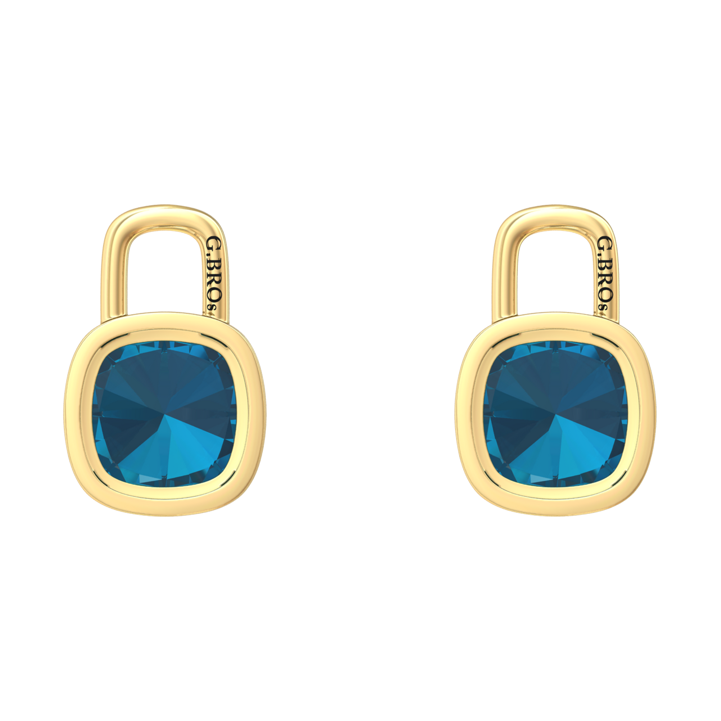 Nova earring attachments in a plain bezel setting with cushion shaped London Blue Topaz Gardiner Brothers