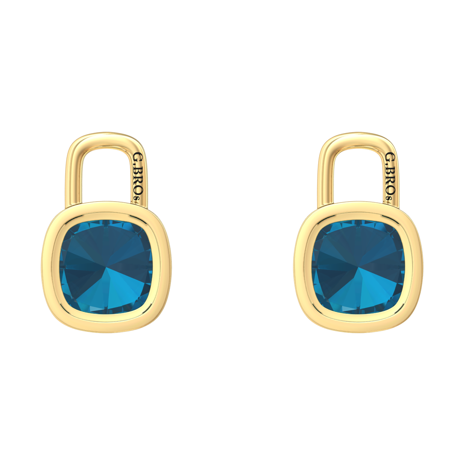 Nova earring attachments in a plain bezel setting with cushion shaped London Blue Topaz Gardiner Brothers