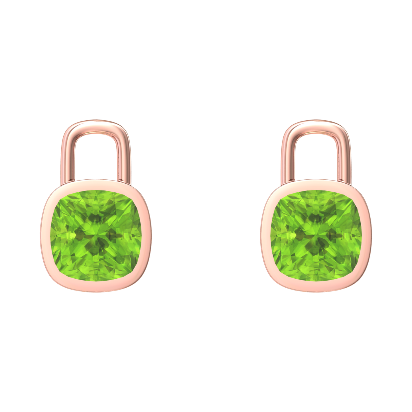Nova earring attachments in a plain bezel setting with cushion shaped Peridot Gardiner Brothers Rose Gold