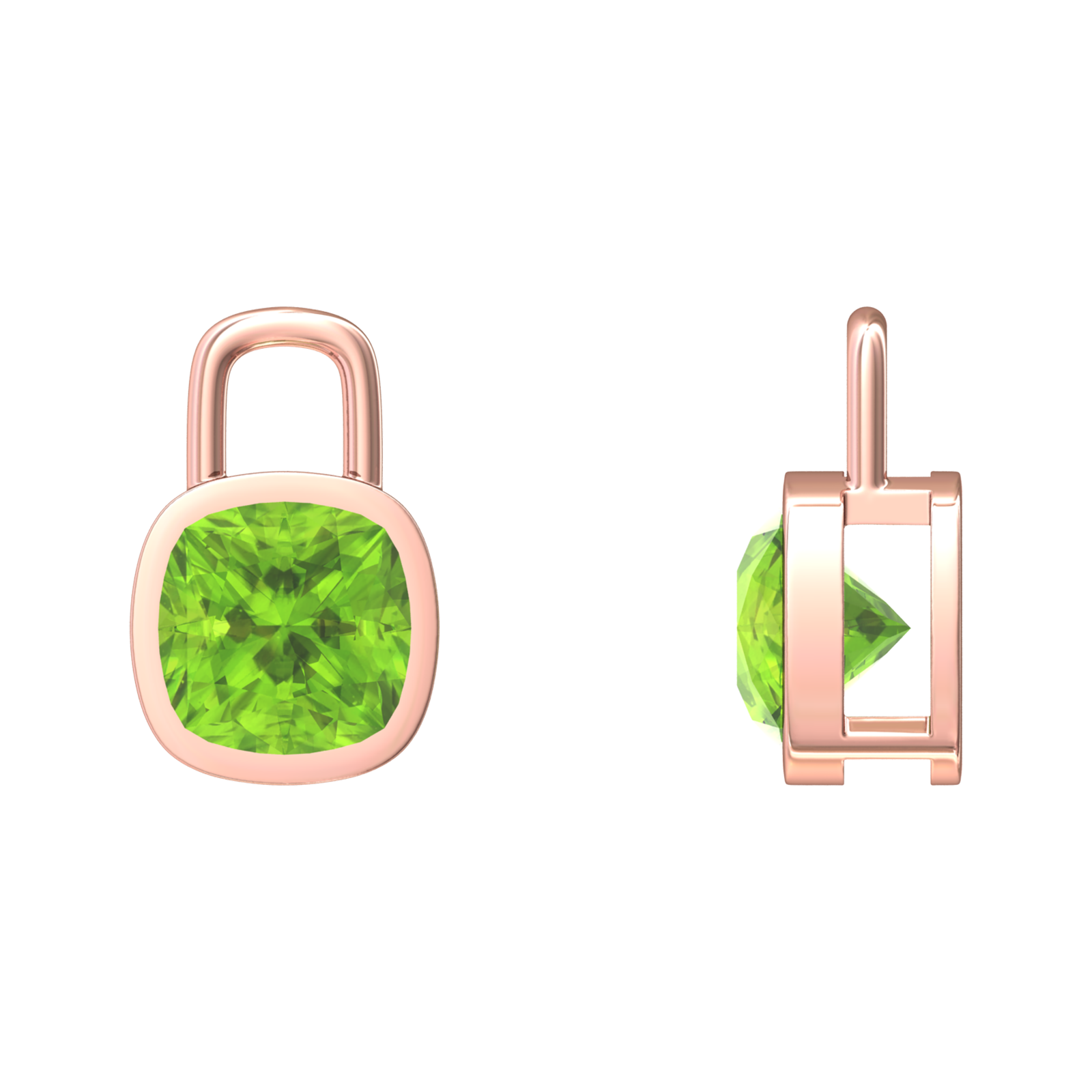 Nova earring attachments in a plain bezel setting with cushion shaped Peridot Gardiner Brothers