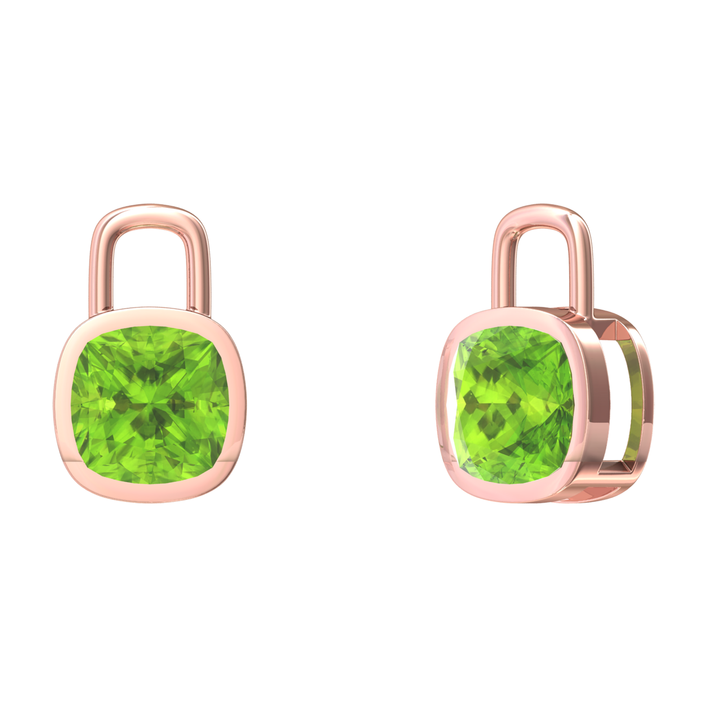 Nova earring attachments in a plain bezel setting with cushion shaped Peridot Gardiner Brothers