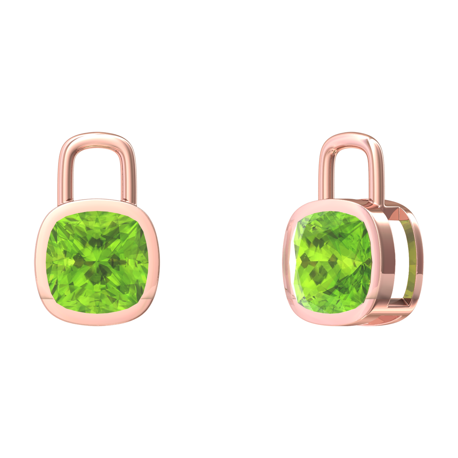 Nova earring attachments in a plain bezel setting with cushion shaped Peridot Gardiner Brothers