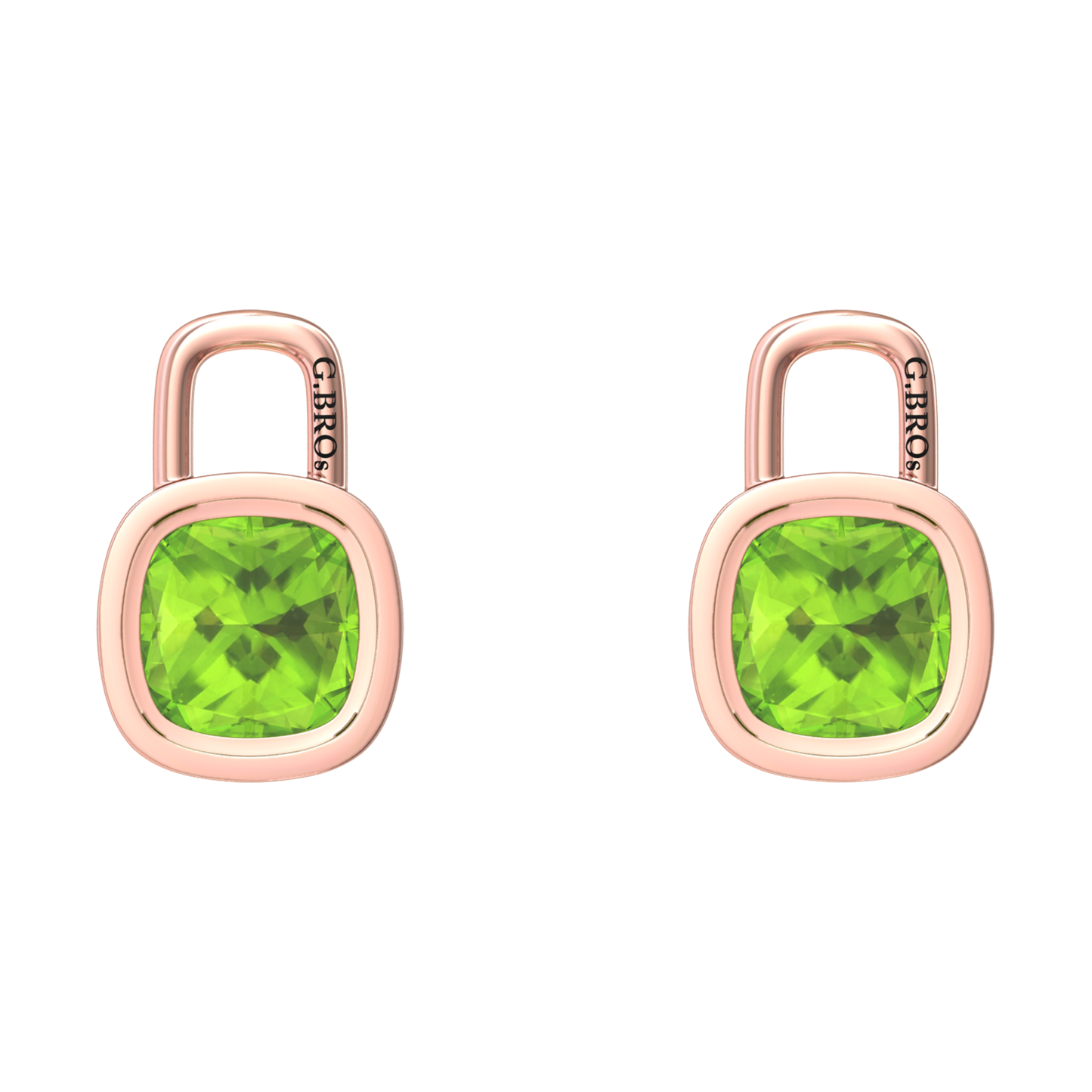 Nova earring attachments in a plain bezel setting with cushion shaped Peridot Gardiner Brothers