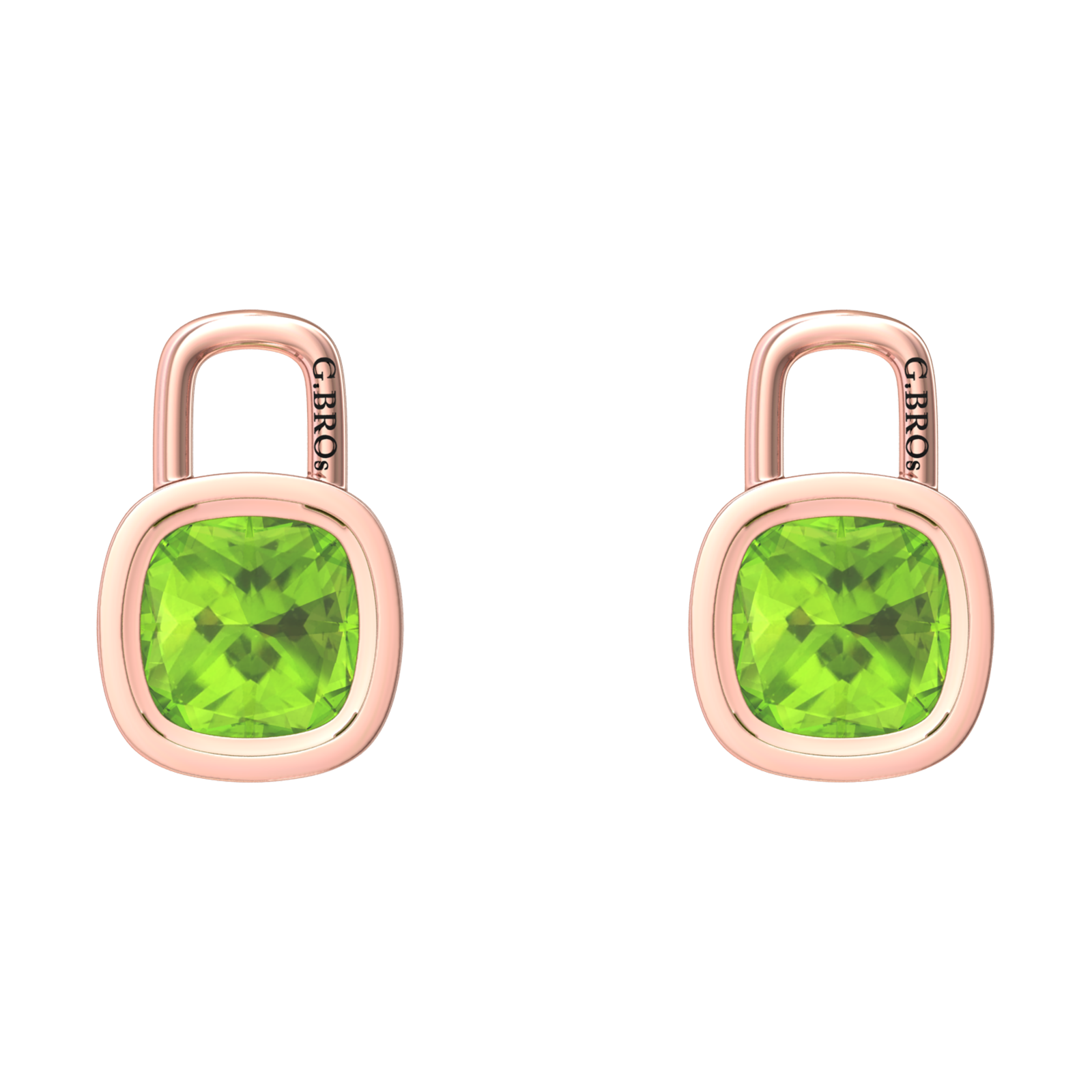 Nova earring attachments in a plain bezel setting with cushion shaped Peridot Gardiner Brothers