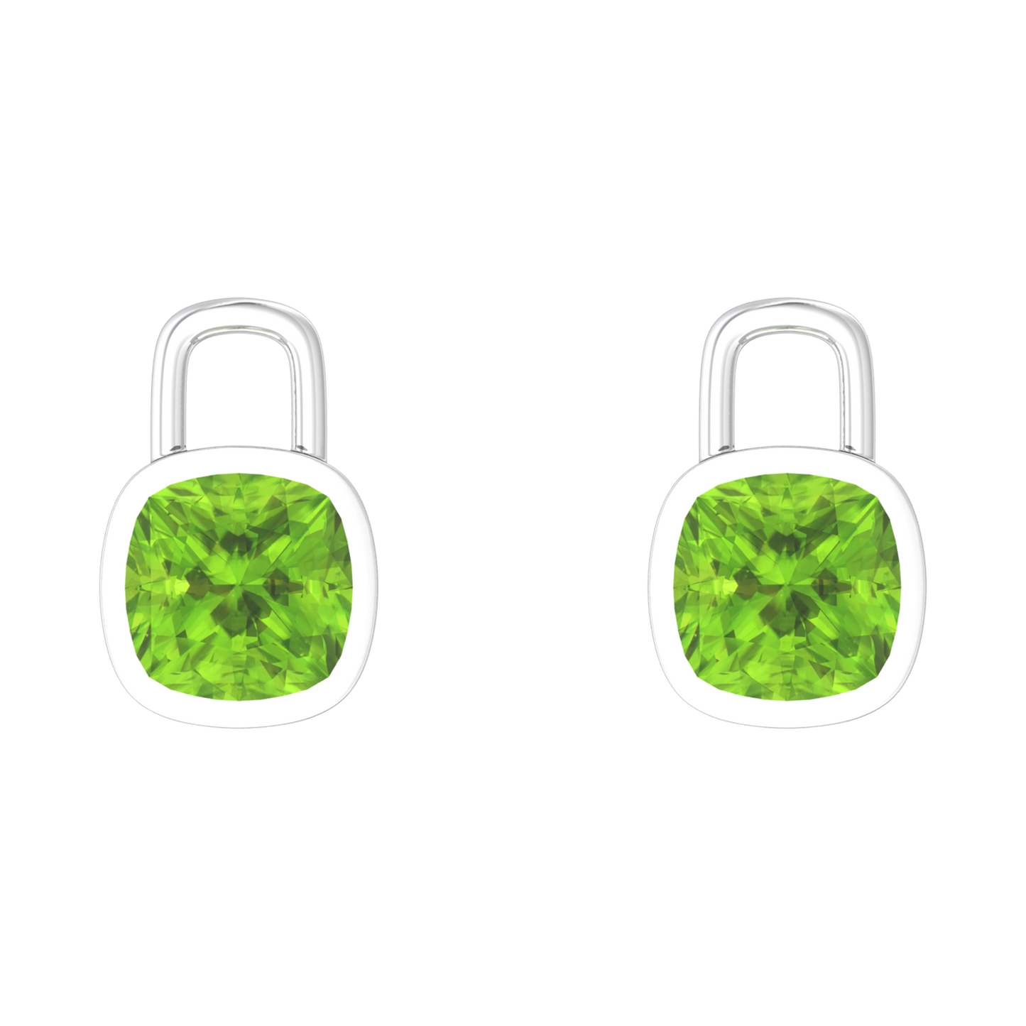 Nova earring attachments in a plain bezel setting with cushion shaped Peridot Gardiner Brothers White Gold