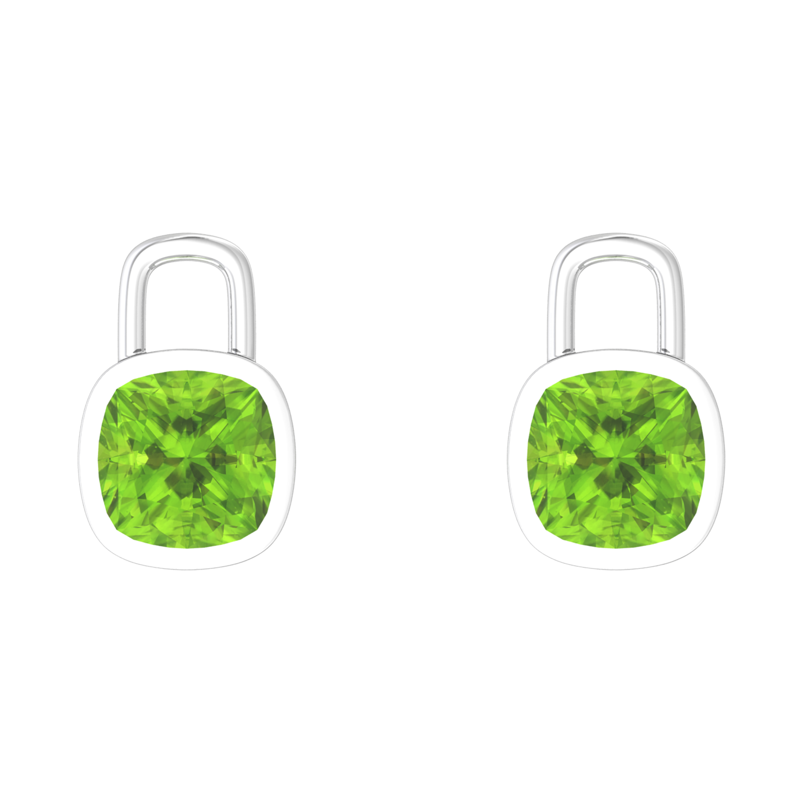 Nova earring attachments in a plain bezel setting with cushion shaped Peridot Gardiner Brothers White Gold