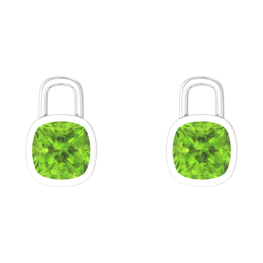 Nova earring attachments in a plain bezel setting with cushion shaped Peridot Gardiner Brothers White Gold