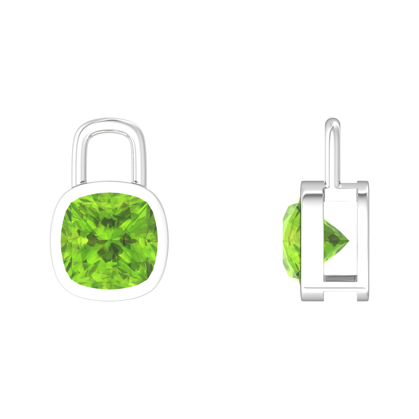 Nova earring attachments in a plain bezel setting with cushion shaped Peridot Gardiner Brothers