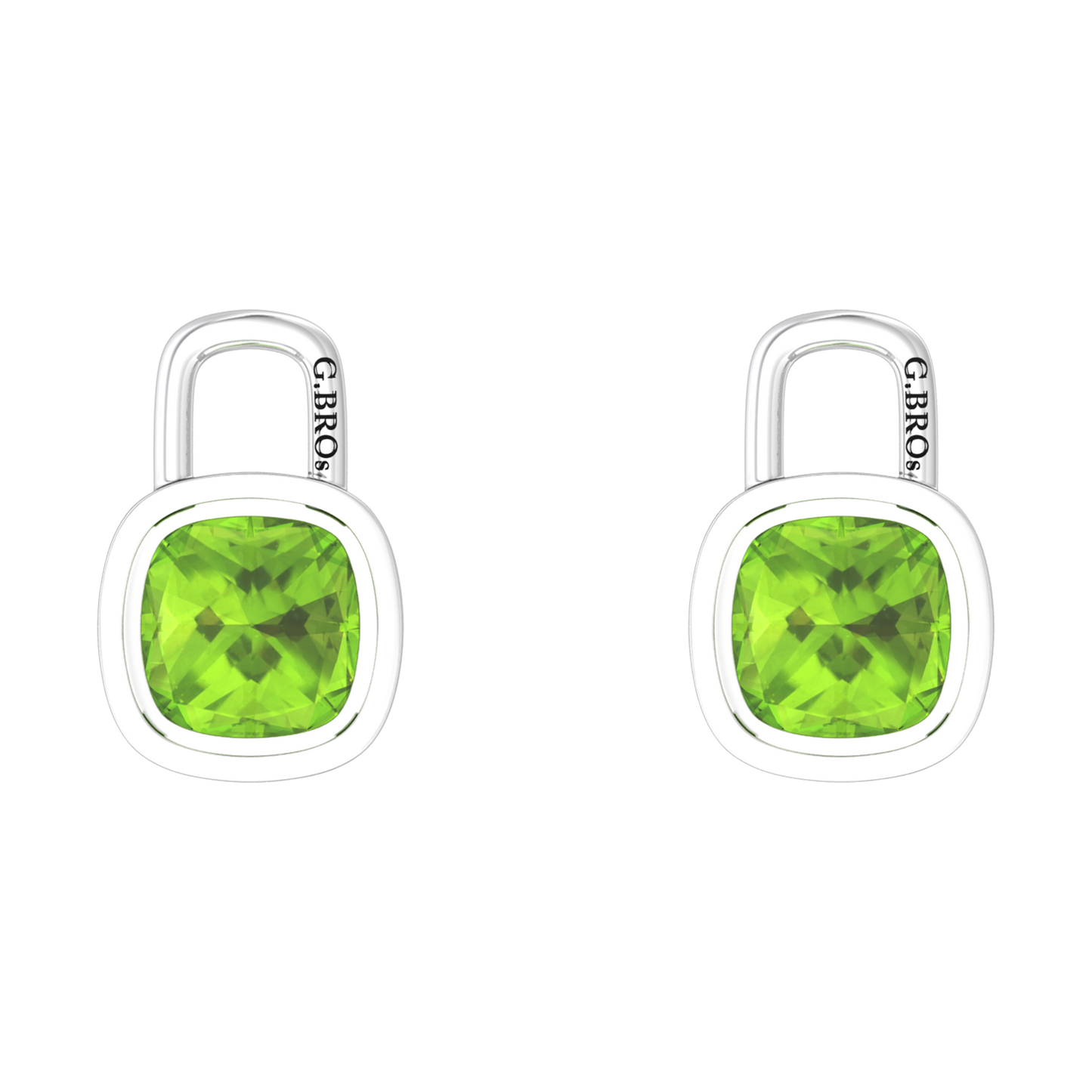 Nova earring attachments in a plain bezel setting with cushion shaped Peridot Gardiner Brothers