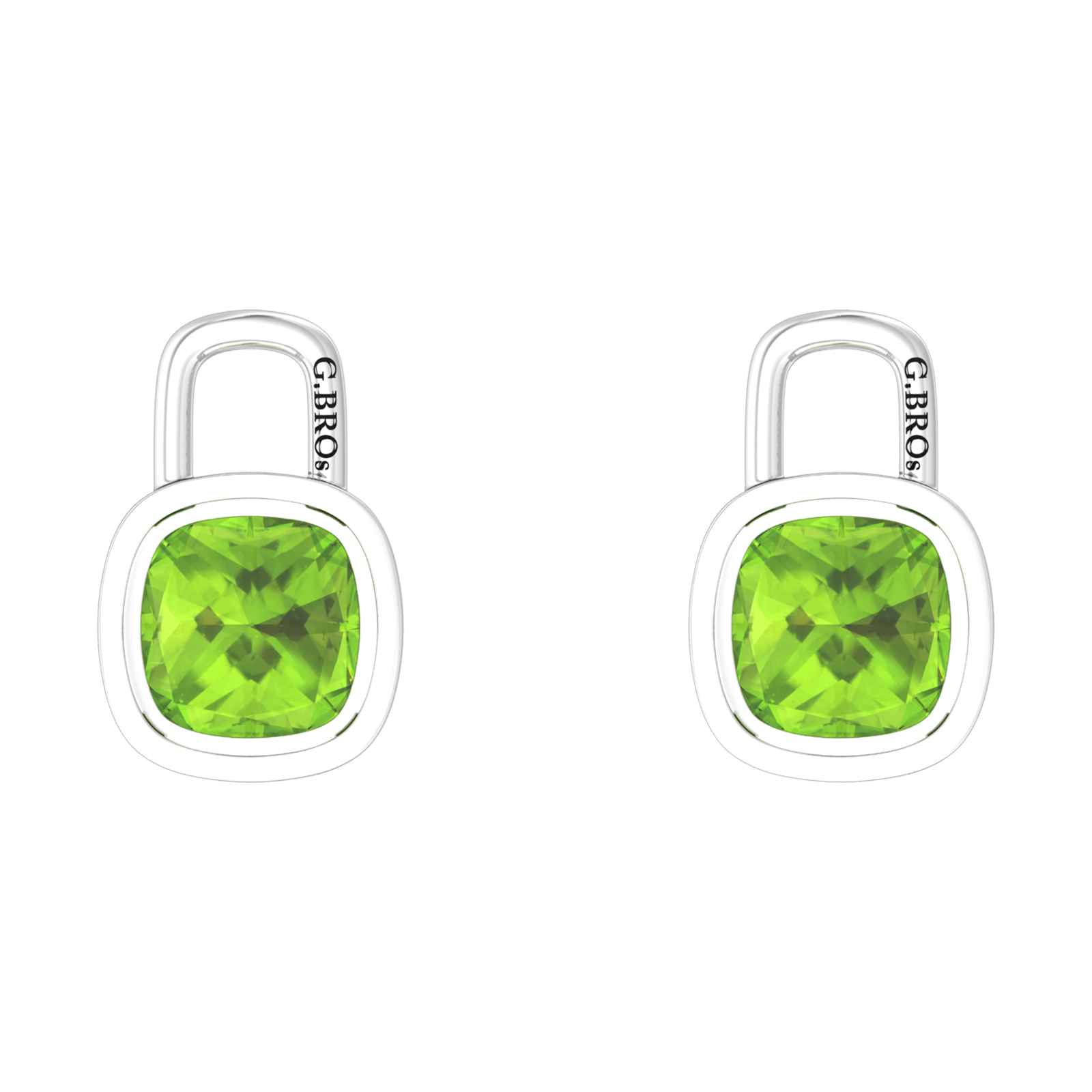 Nova earring attachments in a plain bezel setting with cushion shaped Peridot Gardiner Brothers