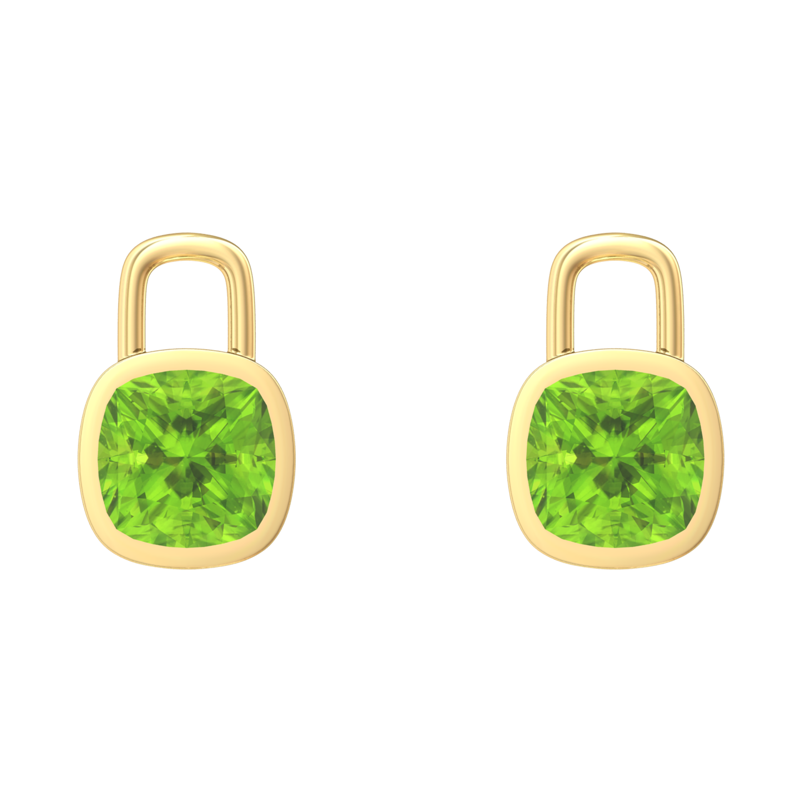 Nova earring attachments in a plain bezel setting with cushion shaped Peridot Gardiner Brothers Yellow Gold