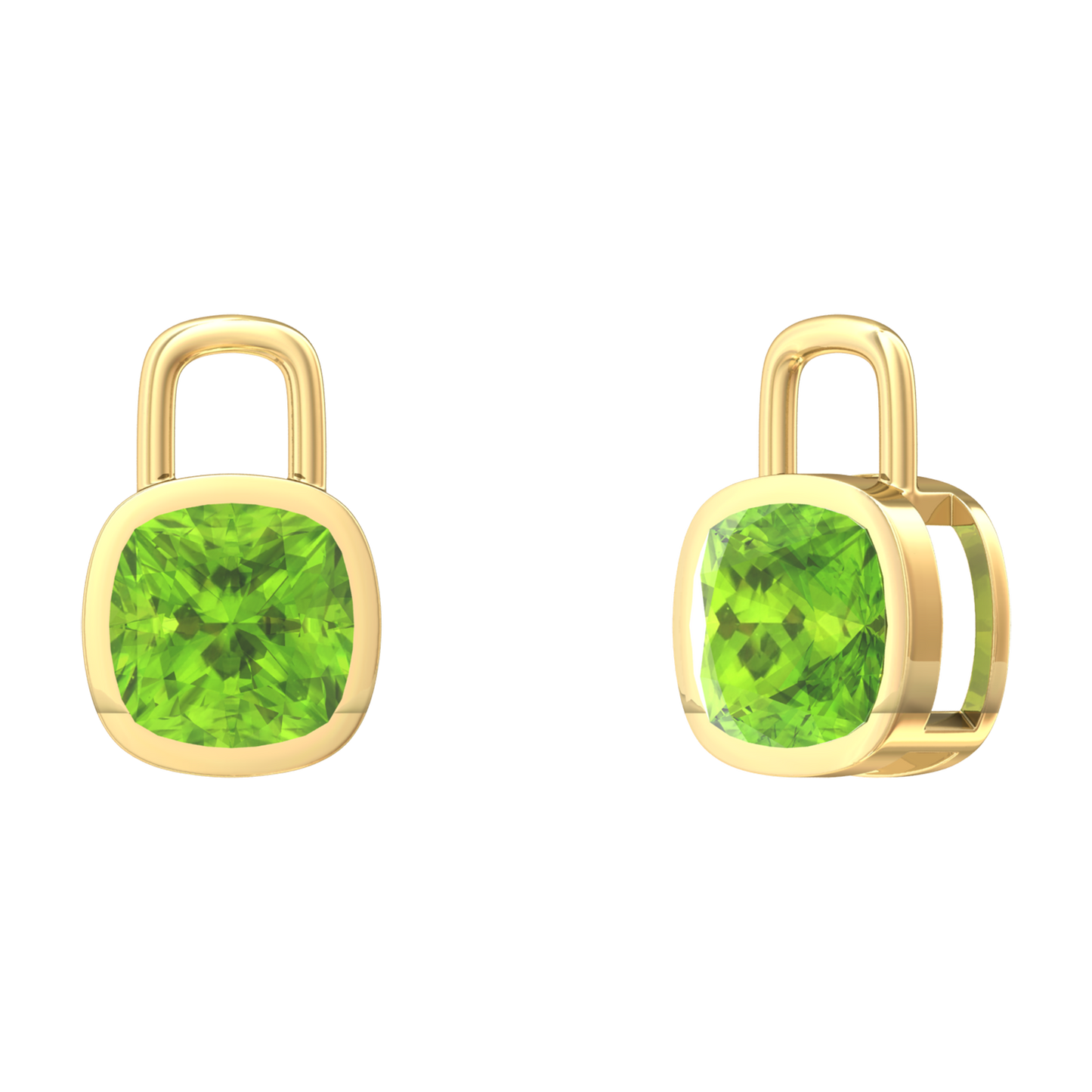 Nova earring attachments in a plain bezel setting with cushion shaped Peridot Gardiner Brothers