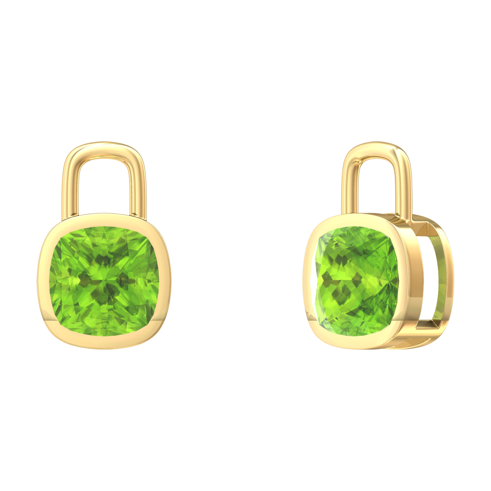 Nova earring attachments in a plain bezel setting with cushion shaped Peridot Gardiner Brothers