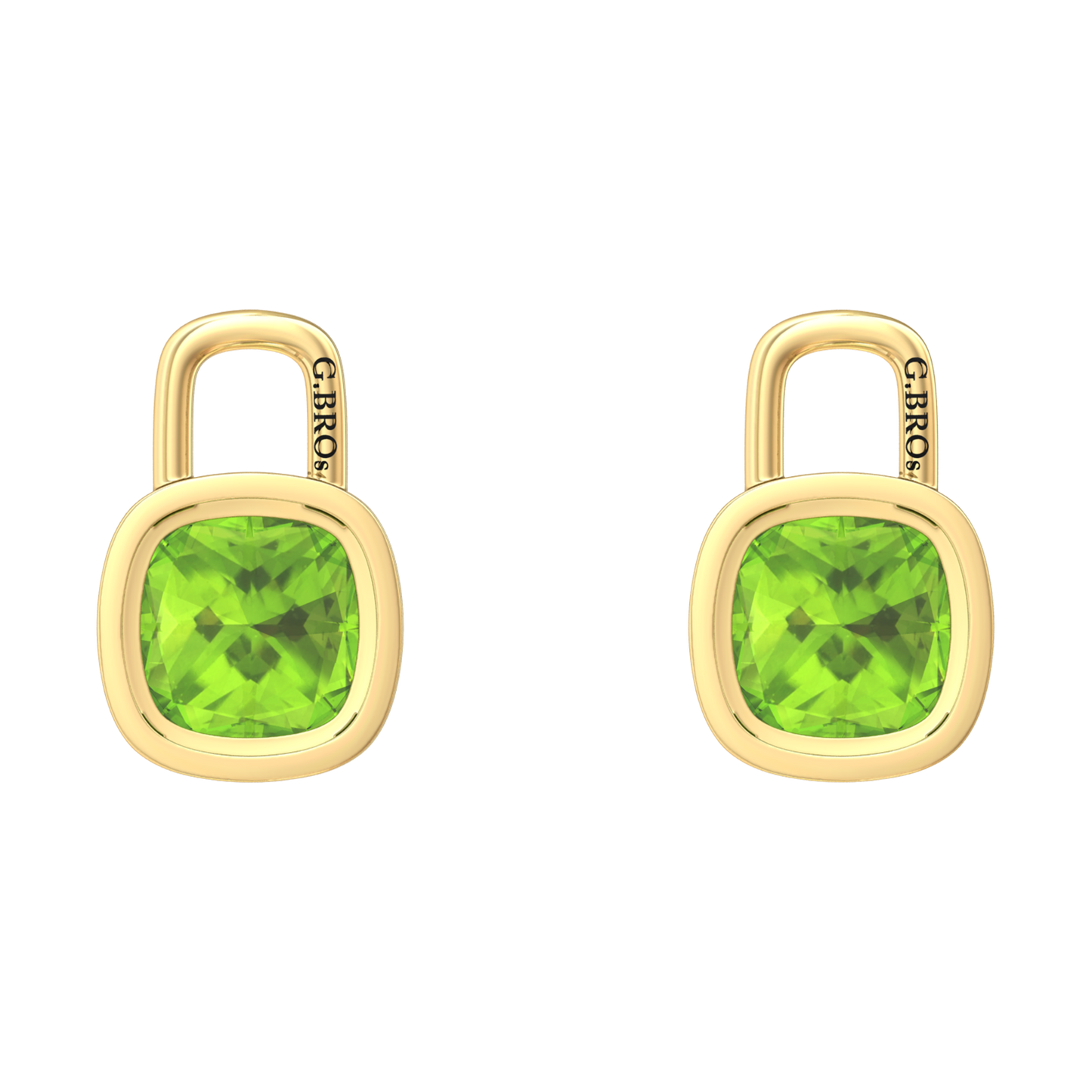 Nova earring attachments in a plain bezel setting with cushion shaped Peridot Gardiner Brothers