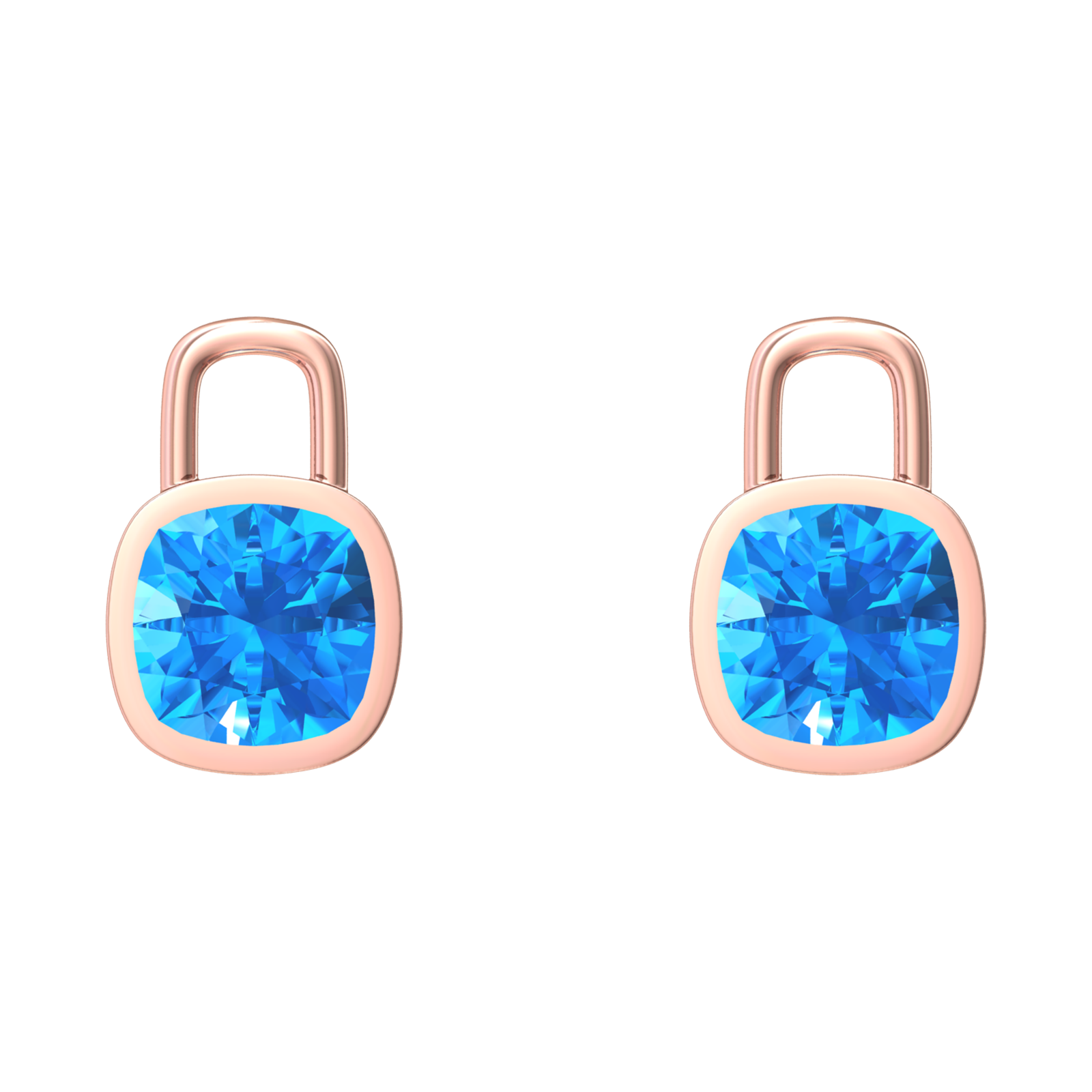 Nova earring attachments in a plain bezel setting with cushion shaped Swiss Blue Topaz Gardiner Brothers