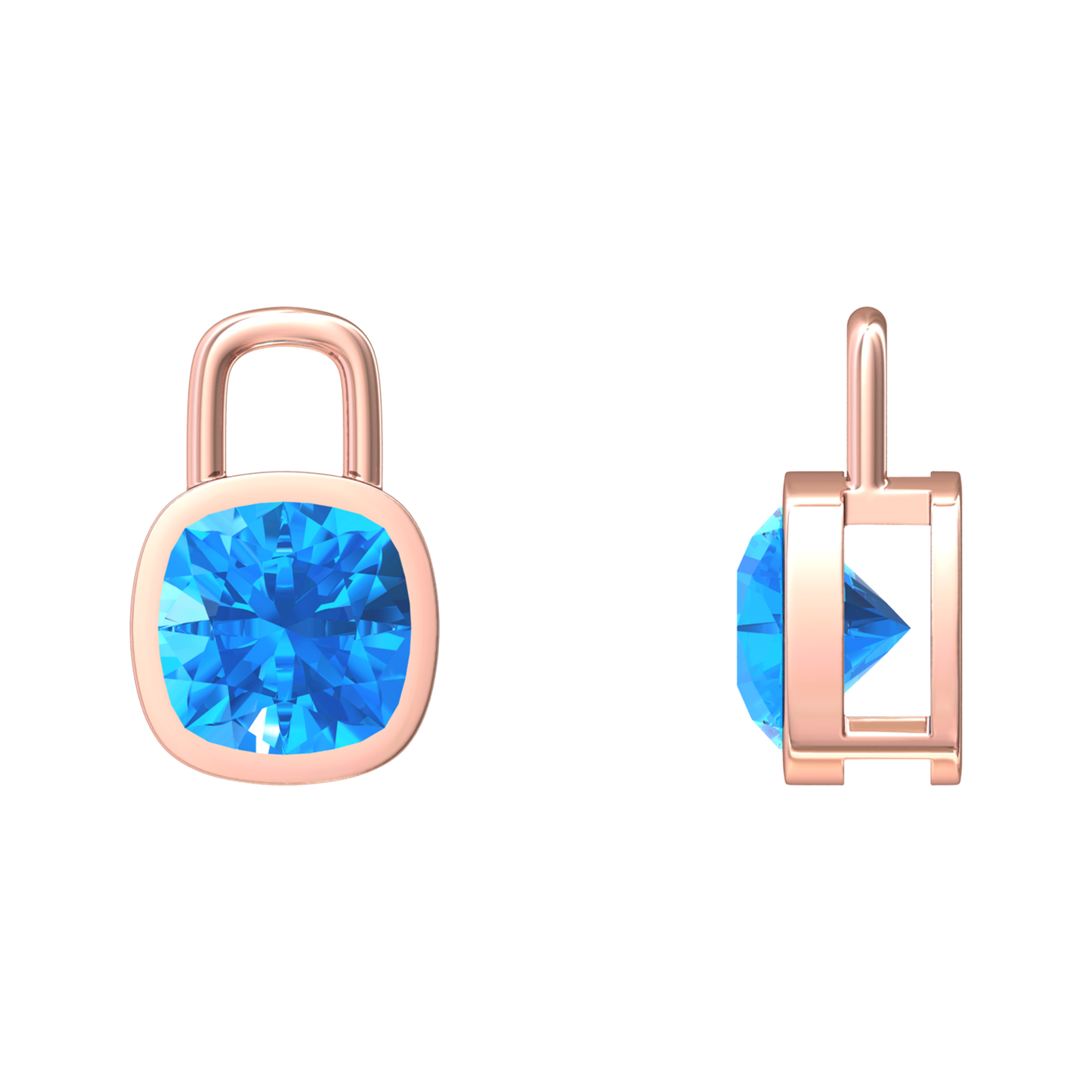 Nova earring attachments in a plain bezel setting with cushion shaped Swiss Blue Topaz Gardiner Brothers