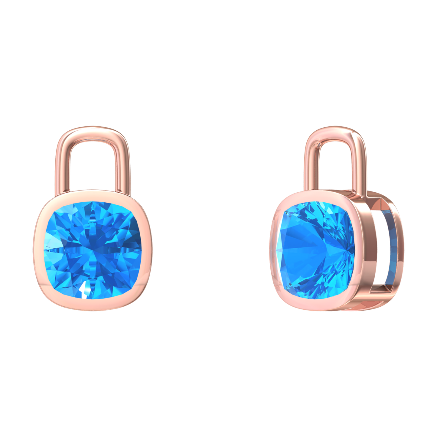 Nova earring attachments in a plain bezel setting with cushion shaped Swiss Blue Topaz Gardiner Brothers Rose Gold
