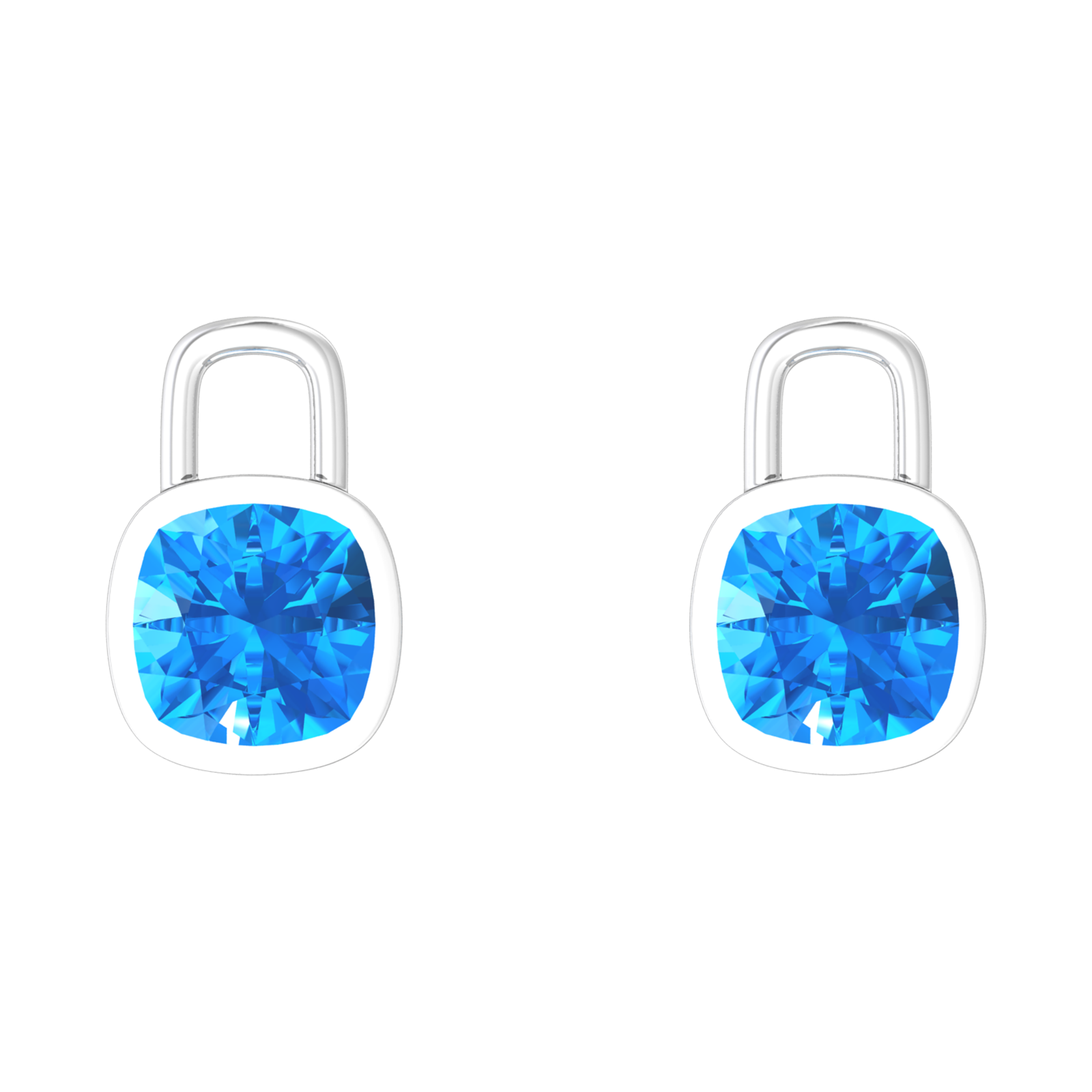 Nova earring attachments in a plain bezel setting with cushion shaped Swiss Blue Topaz Gardiner Brothers