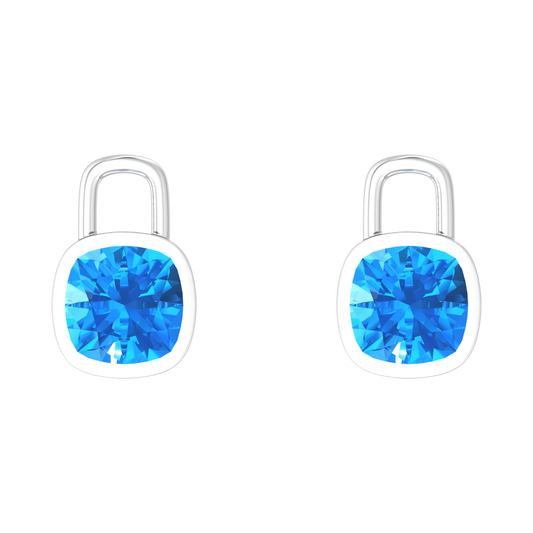 Nova earring attachments in a plain bezel setting with cushion shaped Swiss Blue Topaz Gardiner Brothers