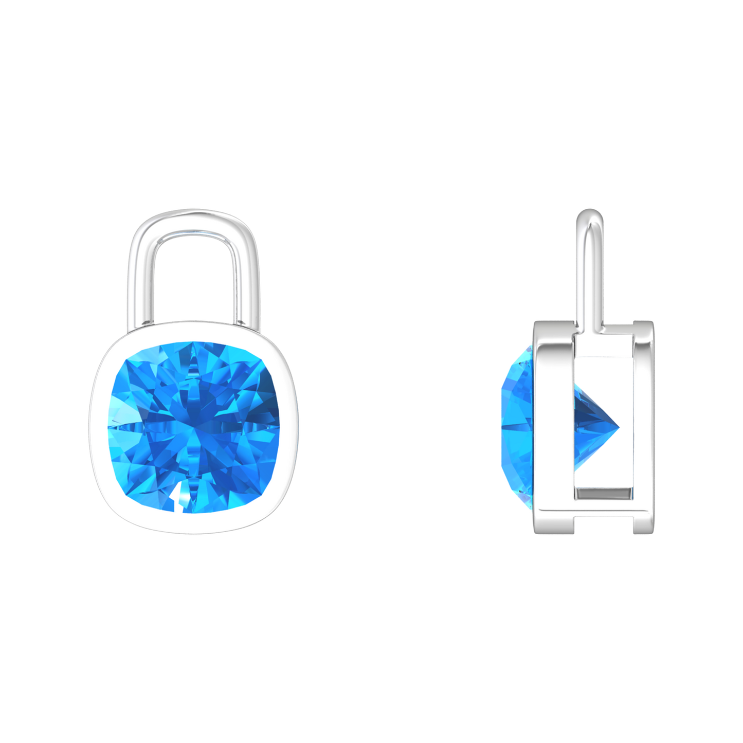 Nova earring attachments in a plain bezel setting with cushion shaped Swiss Blue Topaz Gardiner Brothers
