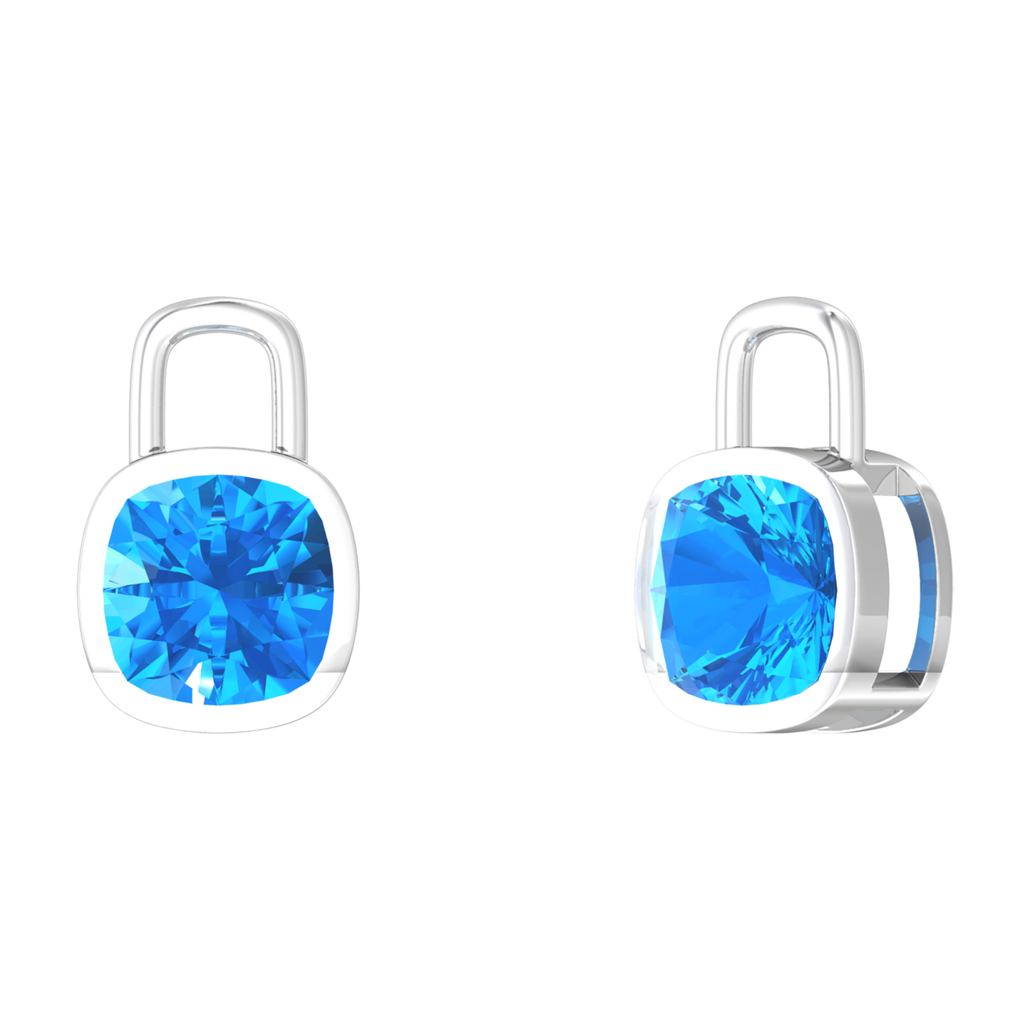 Nova earring attachments in a plain bezel setting with cushion shaped Swiss Blue Topaz Gardiner Brothers White Gold
