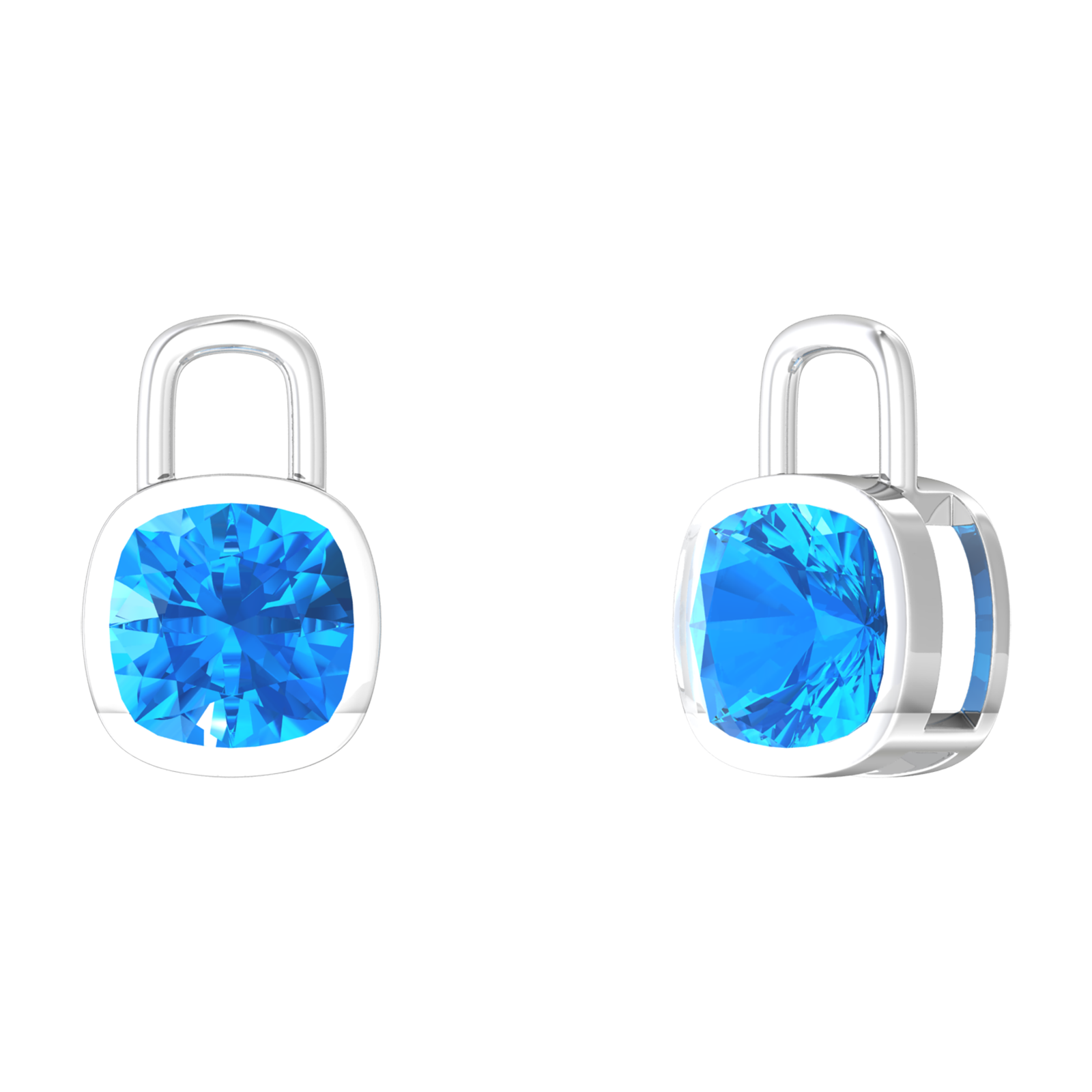 Nova earring attachments in a plain bezel setting with cushion shaped Swiss Blue Topaz Gardiner Brothers White Gold