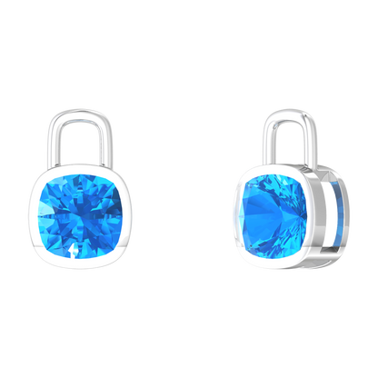 Nova earring attachments in a plain bezel setting with cushion shaped Swiss Blue Topaz Gardiner Brothers White Gold