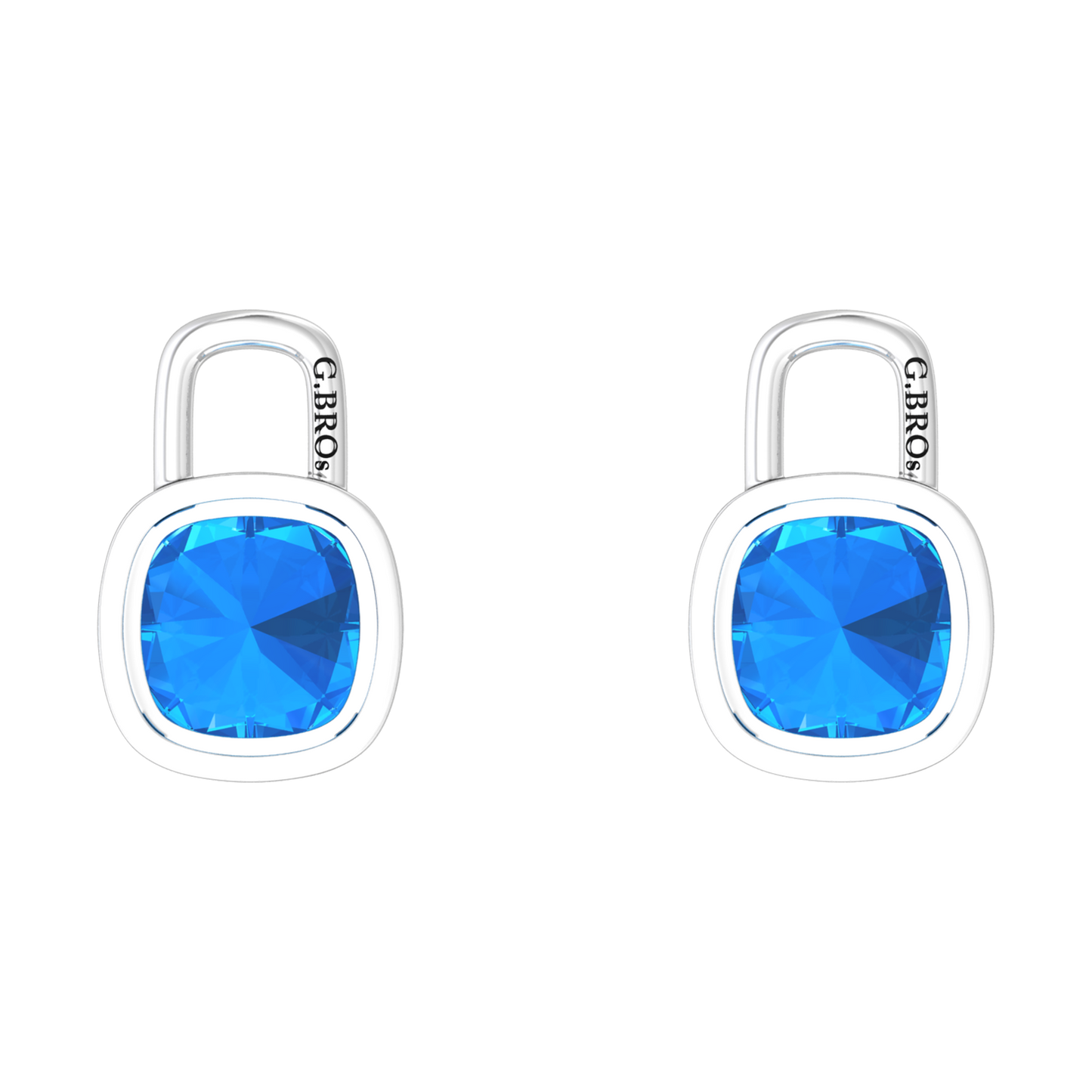 Nova earring attachments in a plain bezel setting with cushion shaped Swiss Blue Topaz Gardiner Brothers
