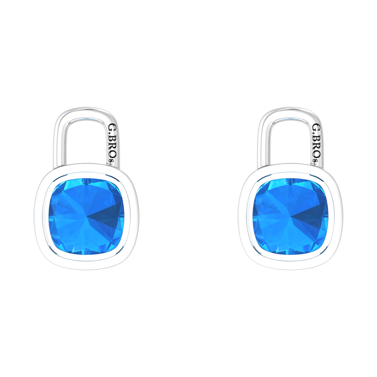 Nova earring attachments in a plain bezel setting with cushion shaped Swiss Blue Topaz Gardiner Brothers