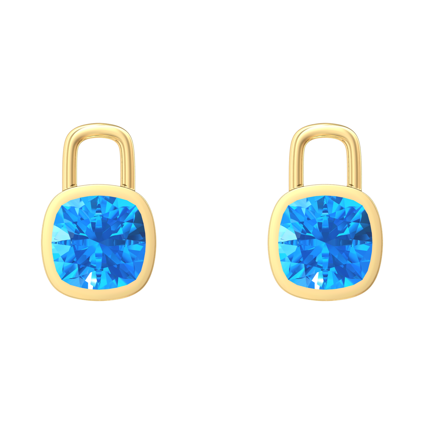 Nova earring attachments in a plain bezel setting with cushion shaped Swiss Blue Topaz Gardiner Brothers