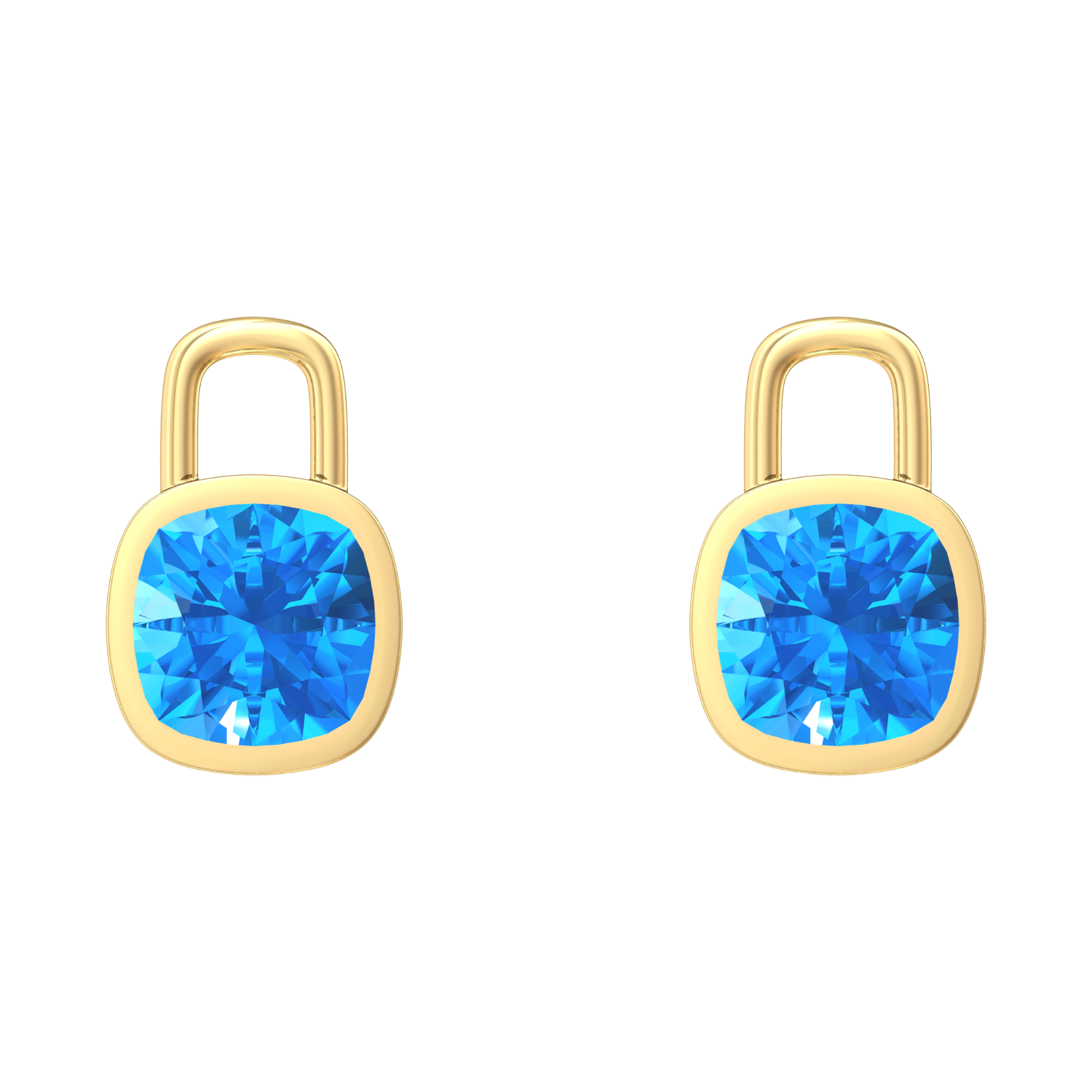 Nova earring attachments in a plain bezel setting with cushion shaped Swiss Blue Topaz Gardiner Brothers