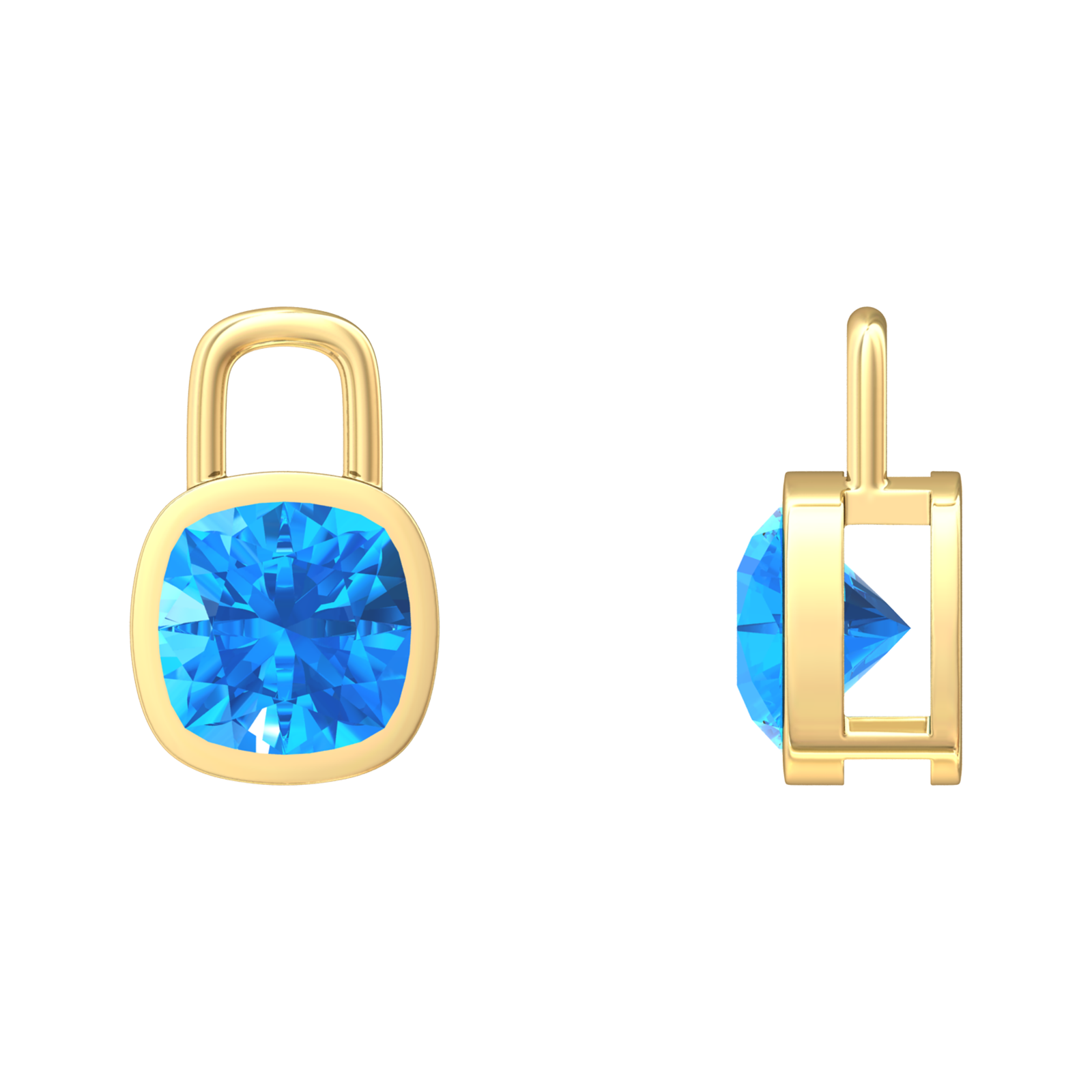Nova earring attachments in a plain bezel setting with cushion shaped Swiss Blue Topaz Gardiner Brothers